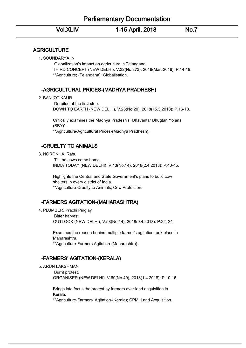 Parliamentary Documentation Vol.XLIV 1-15 April, 2018 No.7