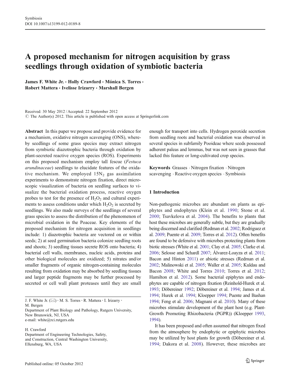 A Proposed Mechanism for Nitrogen Acquisition by Grass Seedlings Through Oxidation of Symbiotic Bacteria