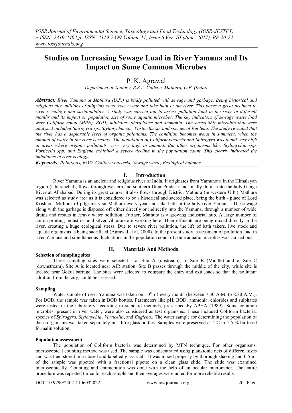 Effect of Increasing Pollution Load on the Population of Some Aquatic Microbes of River Yamuna