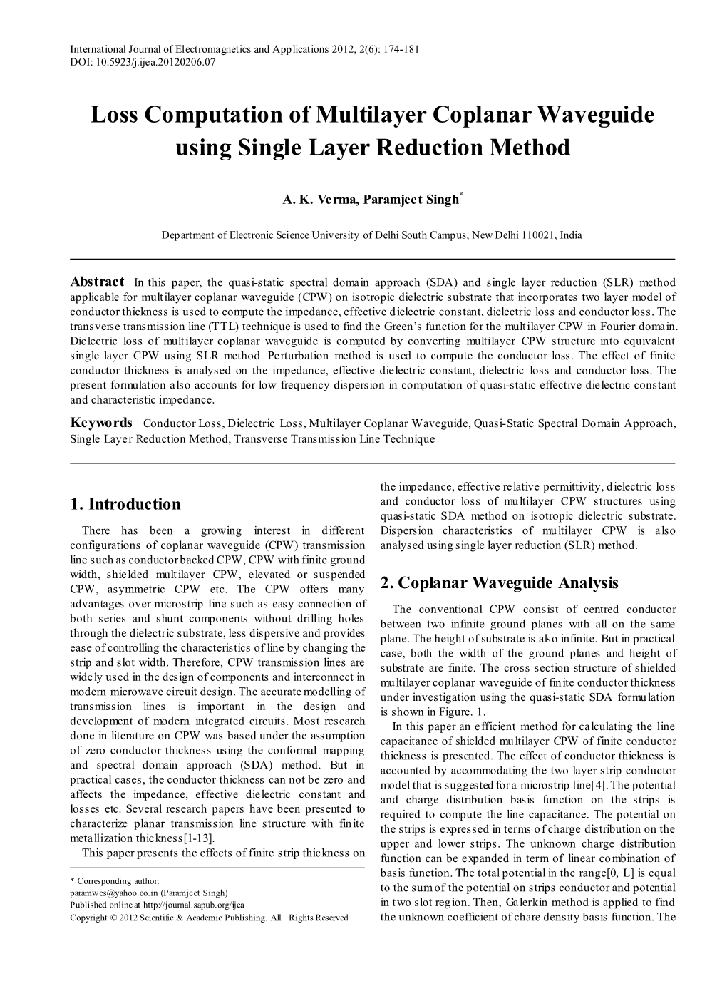 Conductor Loss, Dielectric Loss, Multilayer Coplanar Waveguide