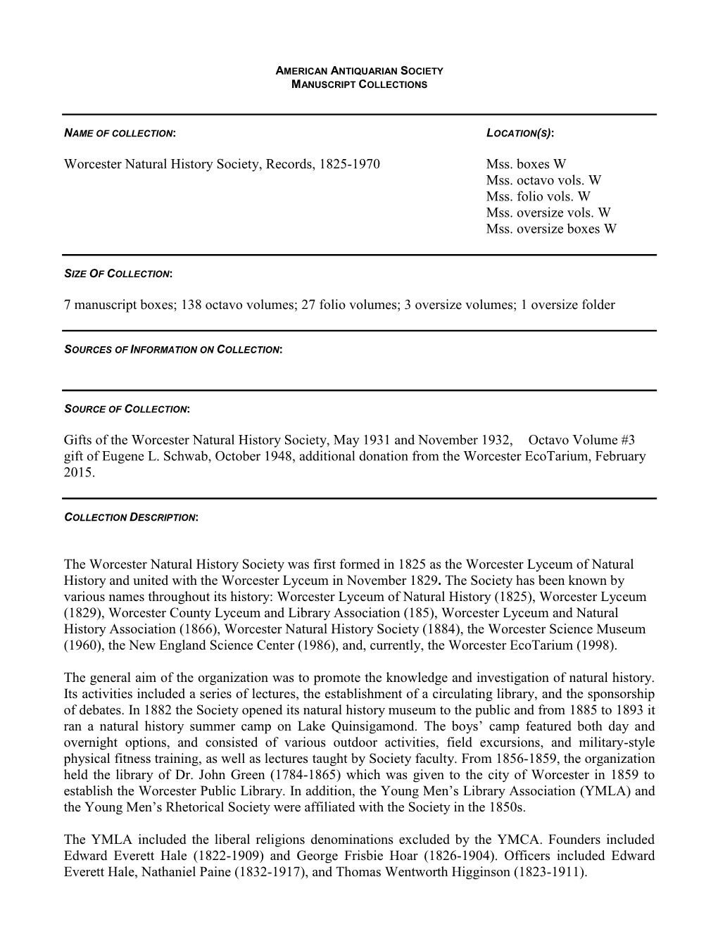Worcester Natural History Society, Records, 1825-1970 Mss. Boxes W Mss