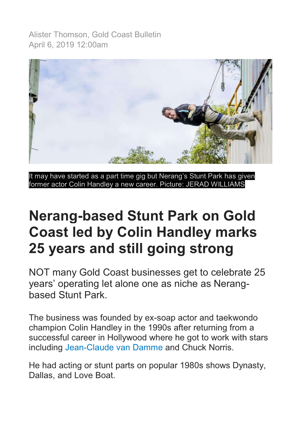 Stunt Park 25 Years Gold Coast Bulletin Article