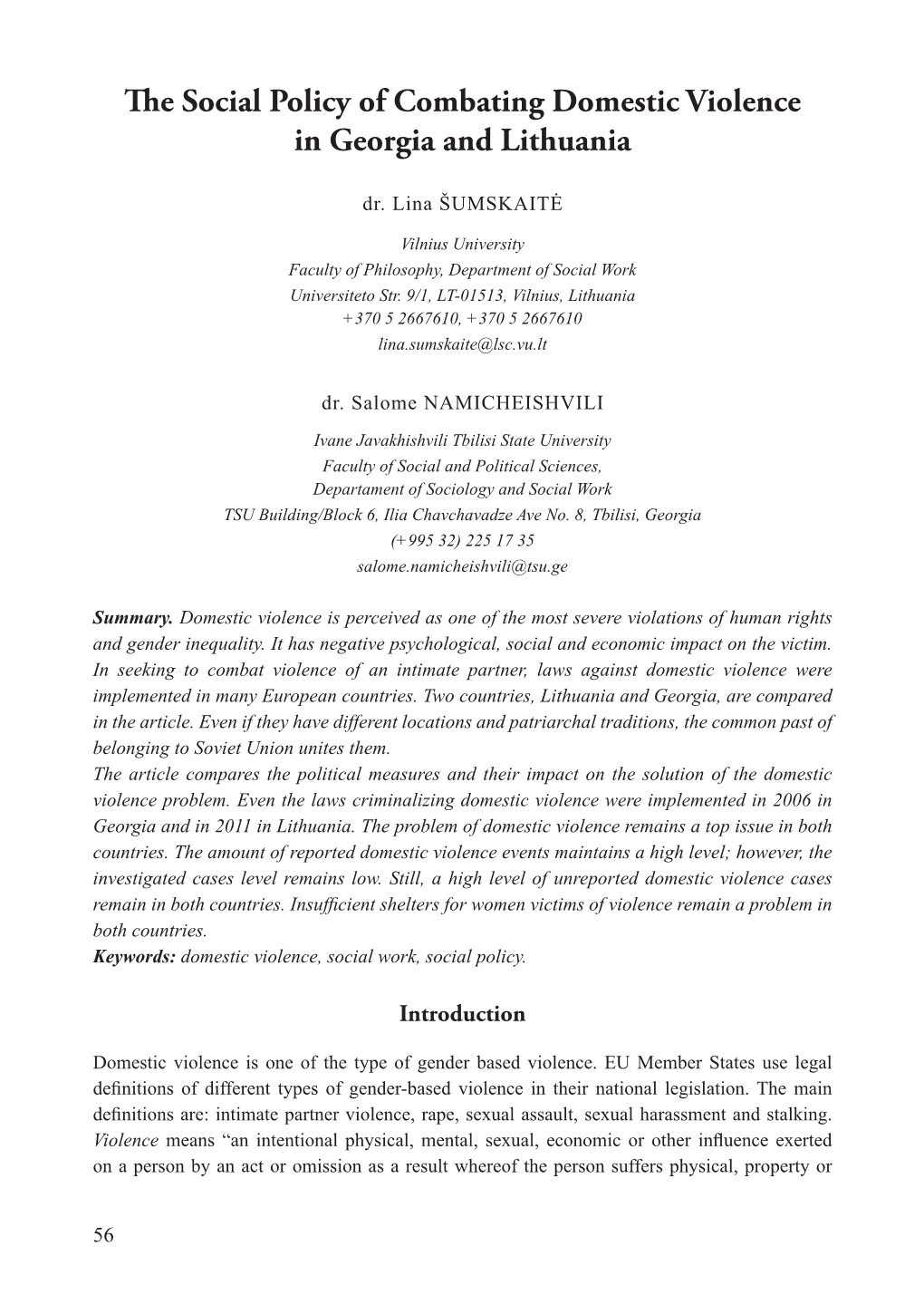 The Social Policy of Combating Domestic Violence in Georgia and Lithuania