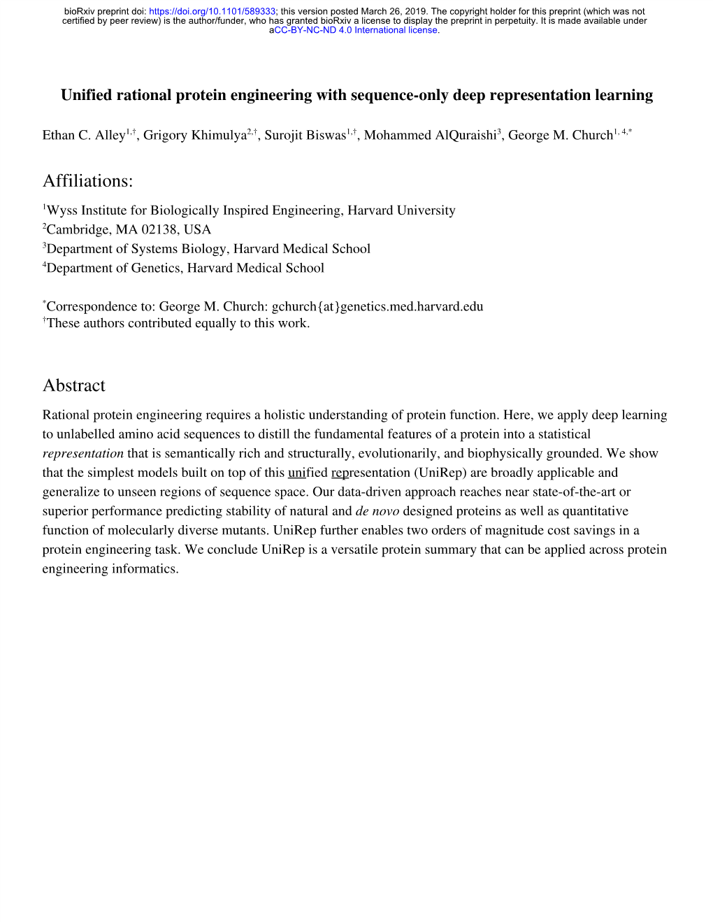 Unified Rational Protein Engineering with Sequence-Only Deep Representation Learning