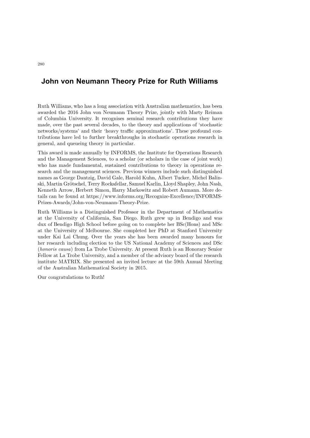 John Von Neumann Theory Prize for Ruth Williams