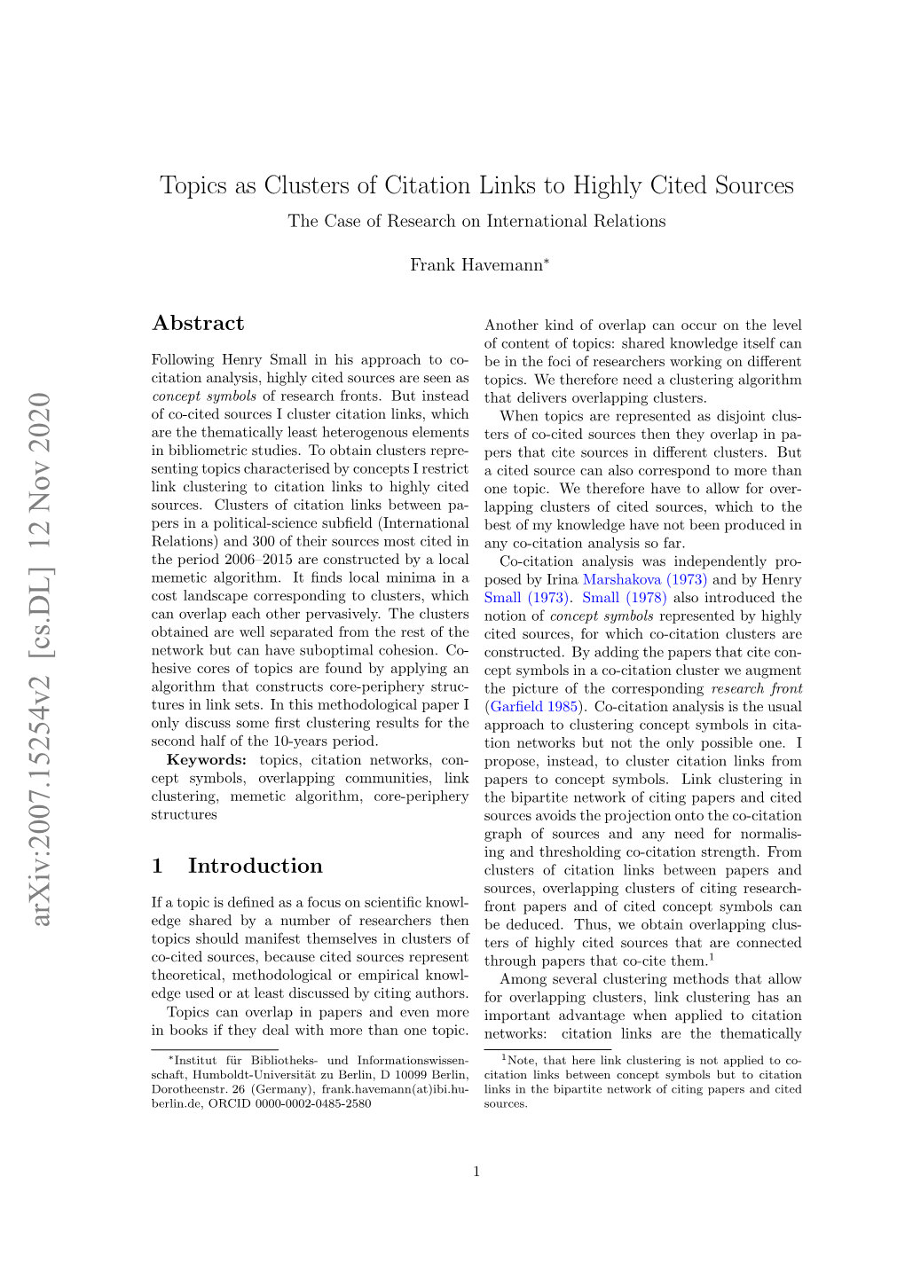 Topics As Clusters of Citation Links to Highly Cited Sources the Case of Research on International Relations