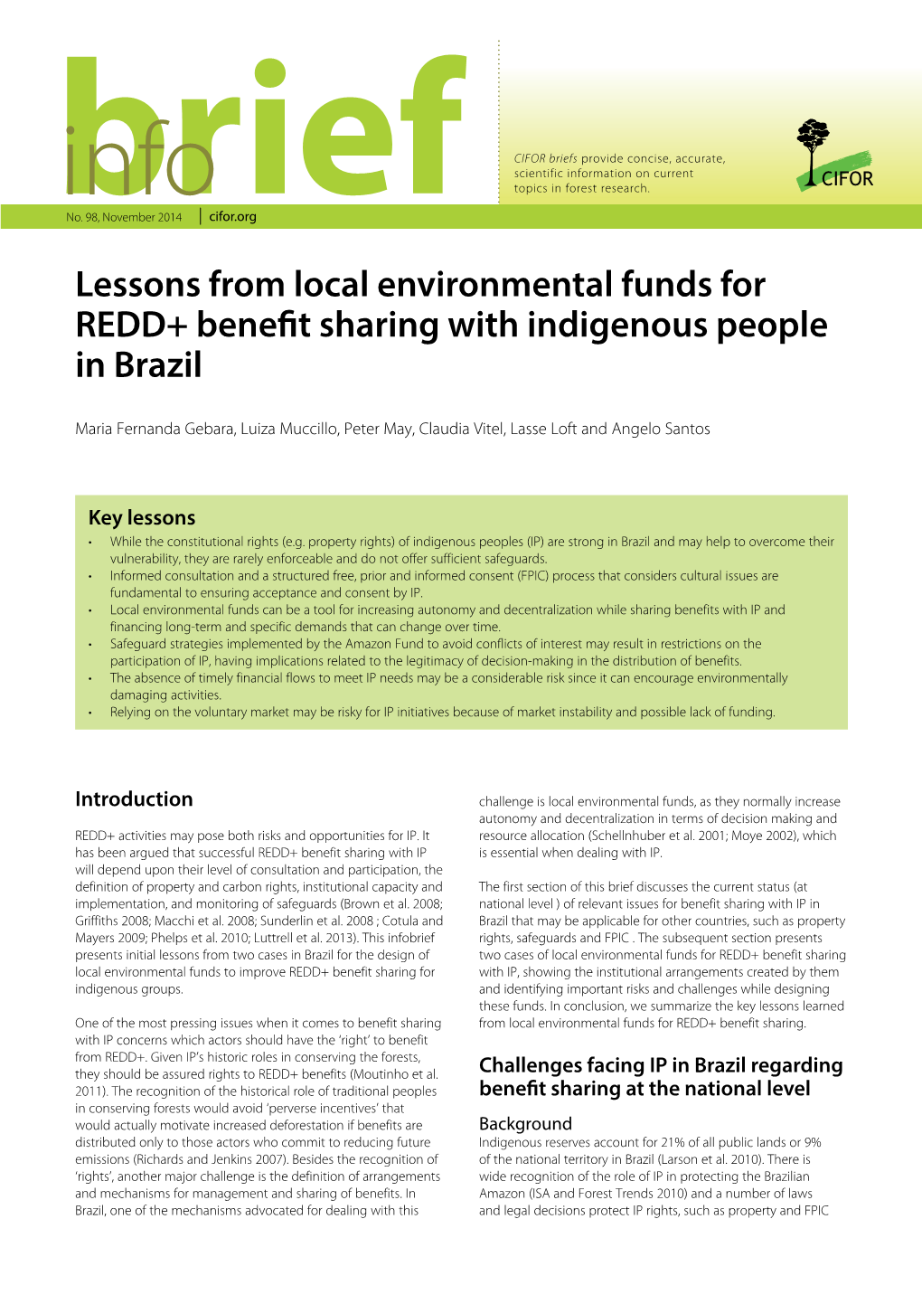 Lessons from Local Environmental Funds for REDD+ Benefit Sharing with Indigenous People in Brazil