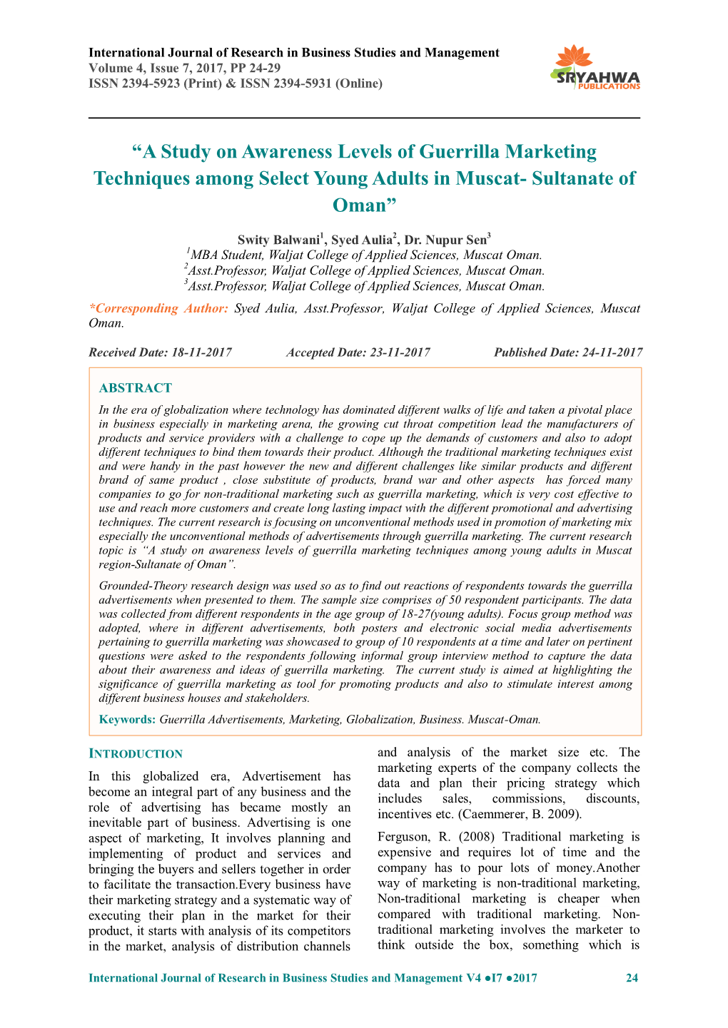 “A Study on Awareness Levels of Guerrilla Marketing Techniques Among Select Young Adults in Muscat- Sultanate of Oman”