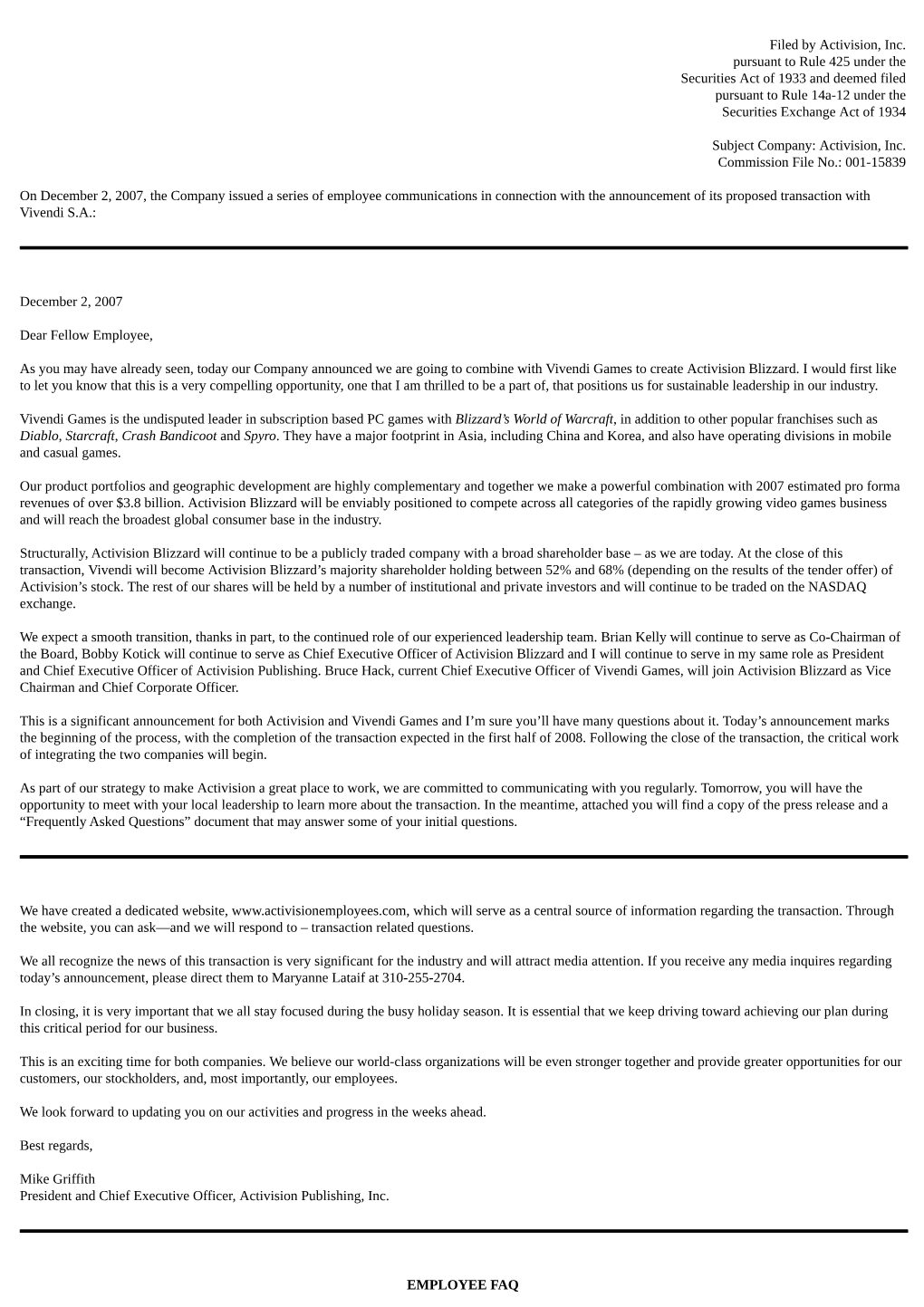 Filed by Activision, Inc. Pursuant to Rule 425 Under the Securities Act of 1933 and Deemed Filed Pursuant to Rule 14A-12 Under the Securities Exchange Act of 1934