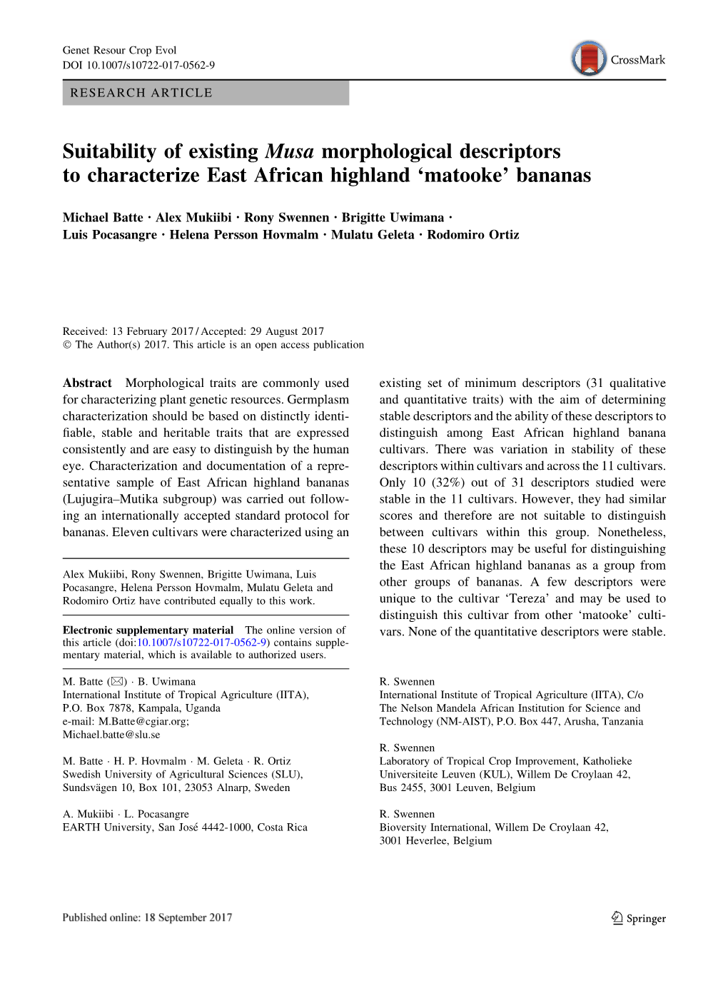 Suitability of Existing Musa Morphological Descriptors to Characterize East African Highland 'Matooke' Bananas