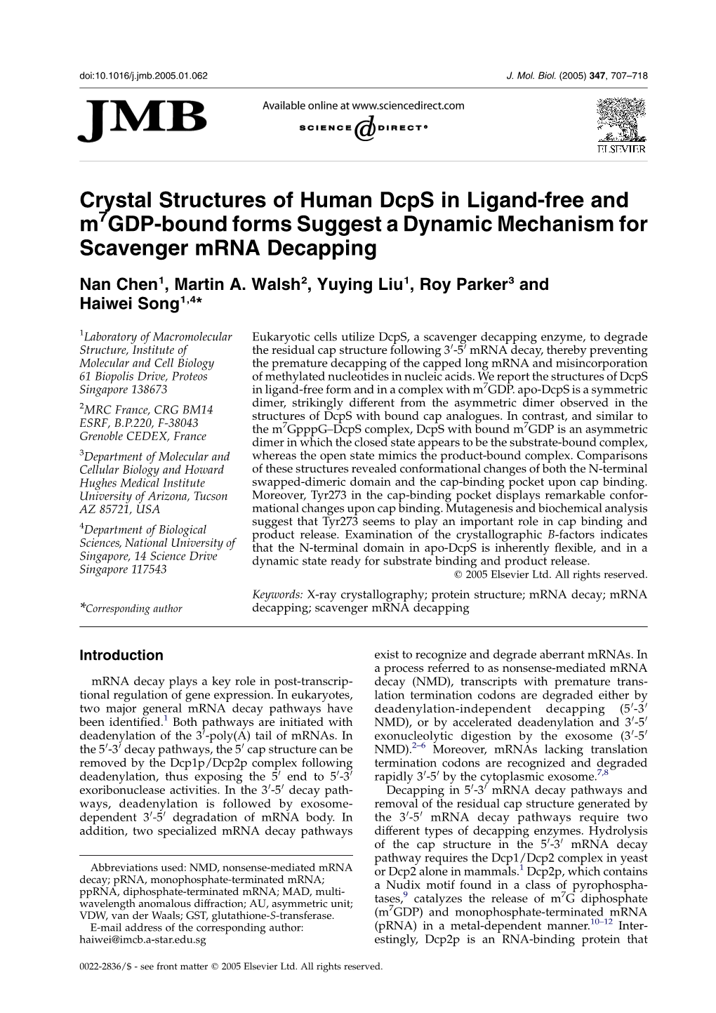 Crystal Structures of Human Dcps in Ligand-Free and M7gdp-Bound Forms Suggest a Dynamic Mechanism for Scavenger Mrna Decapping