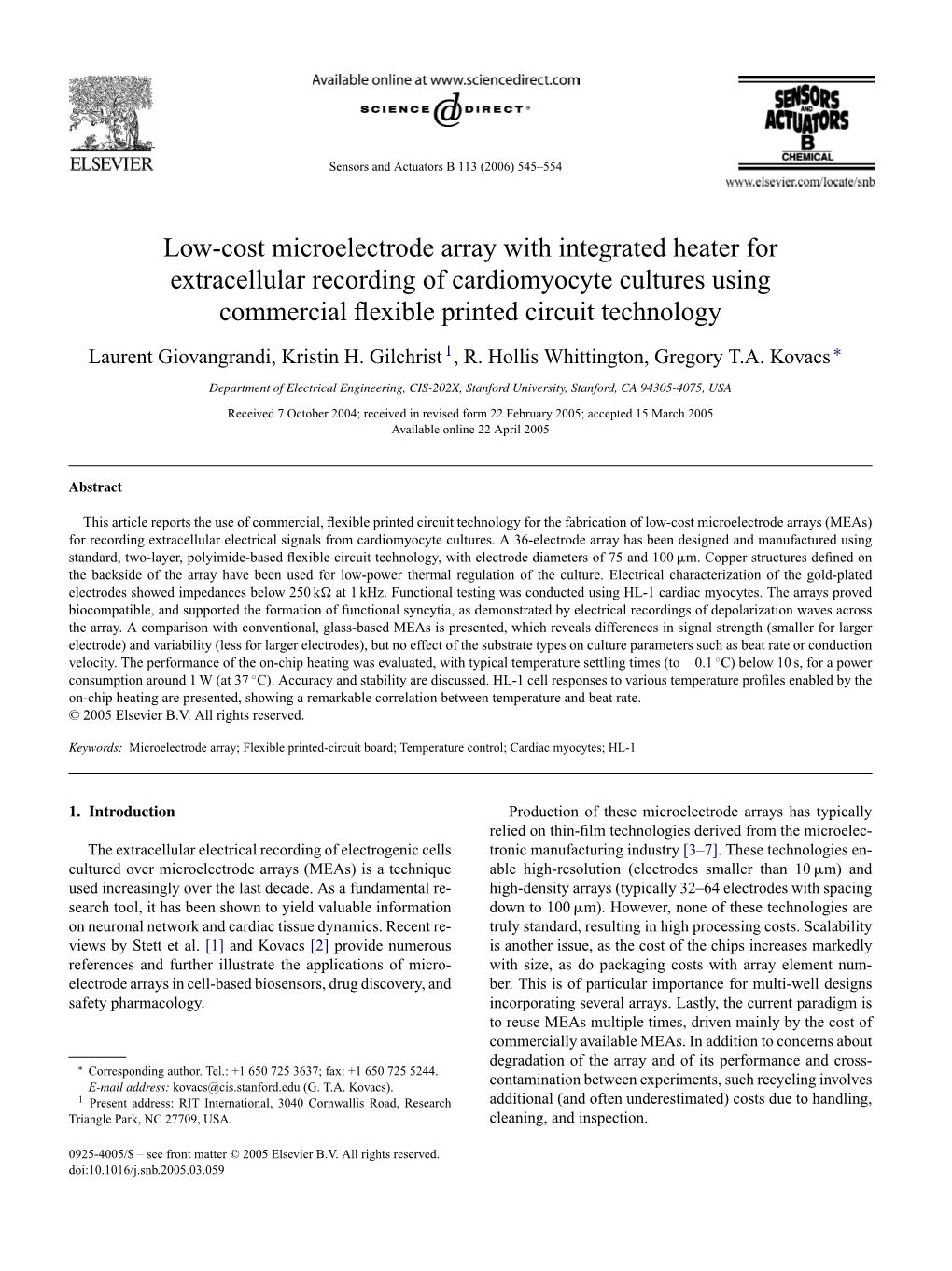 Low-Cost Microelectrode Array with Integrated Heater for Extracellular Recording of Cardiomyocyte Cultures Using Commercial ﬂexible Printed Circuit Technology