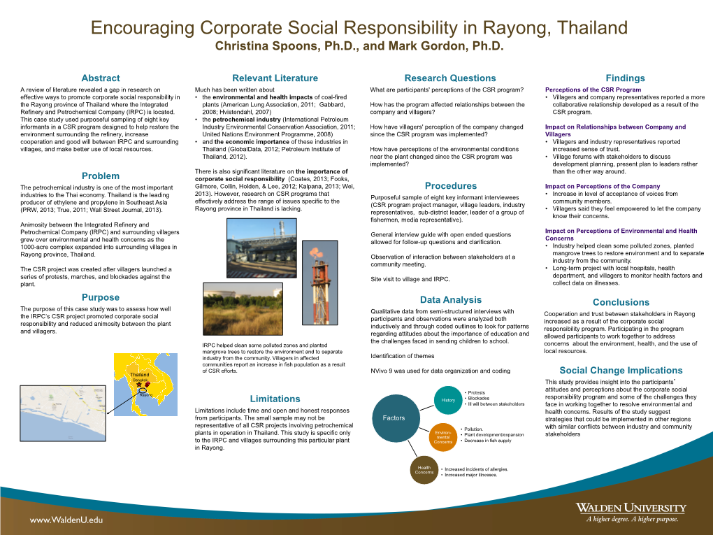 Encouraging Corporate Social Responsibility in Rayong, Thailand Christina Spoons, Ph.D., and Mark Gordon, Ph.D