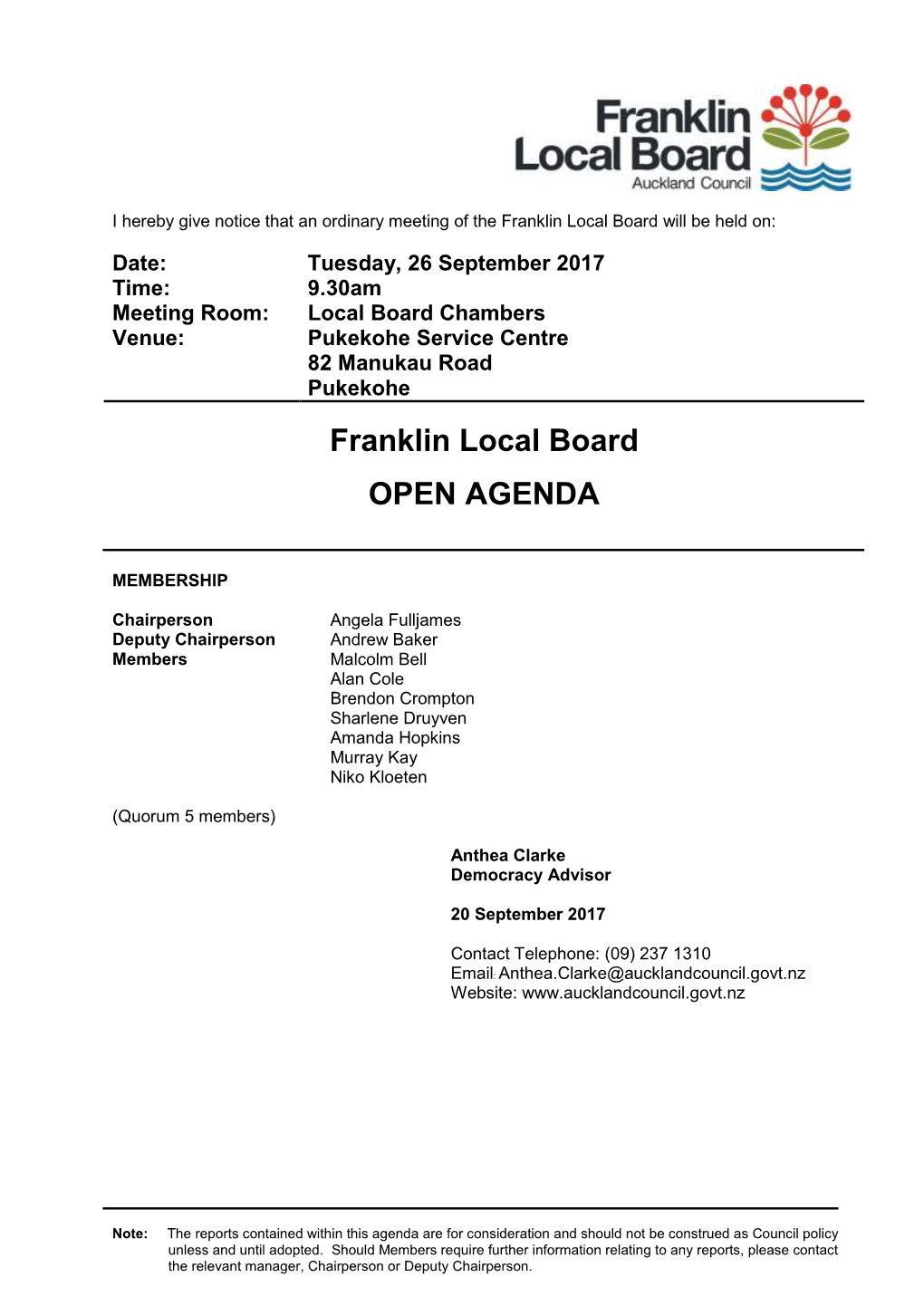 Agenda of Franklin Local Board