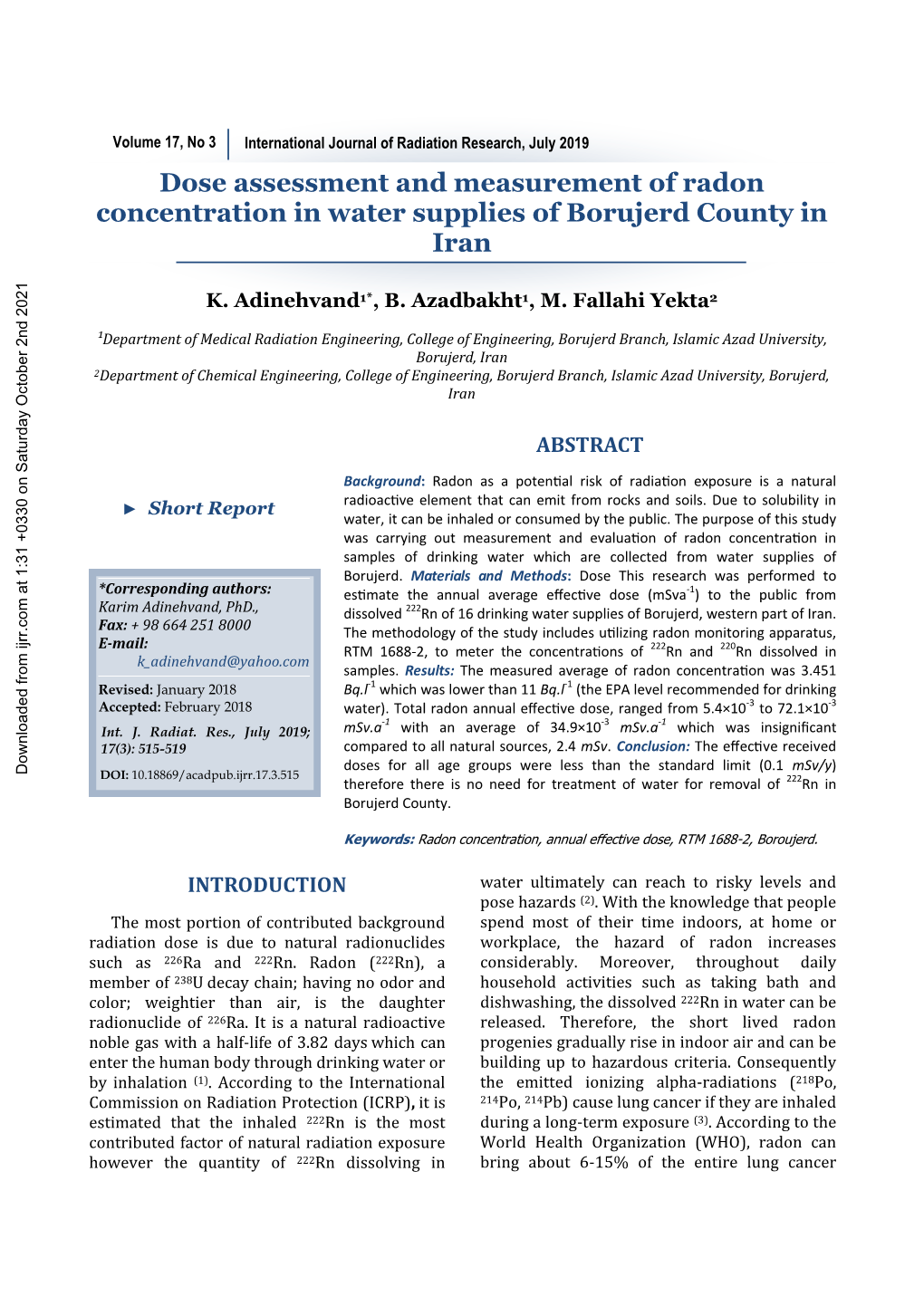 Dose Assessment and Measurement of Radon Concentration in Water Supplies of Borujerd County in Iran