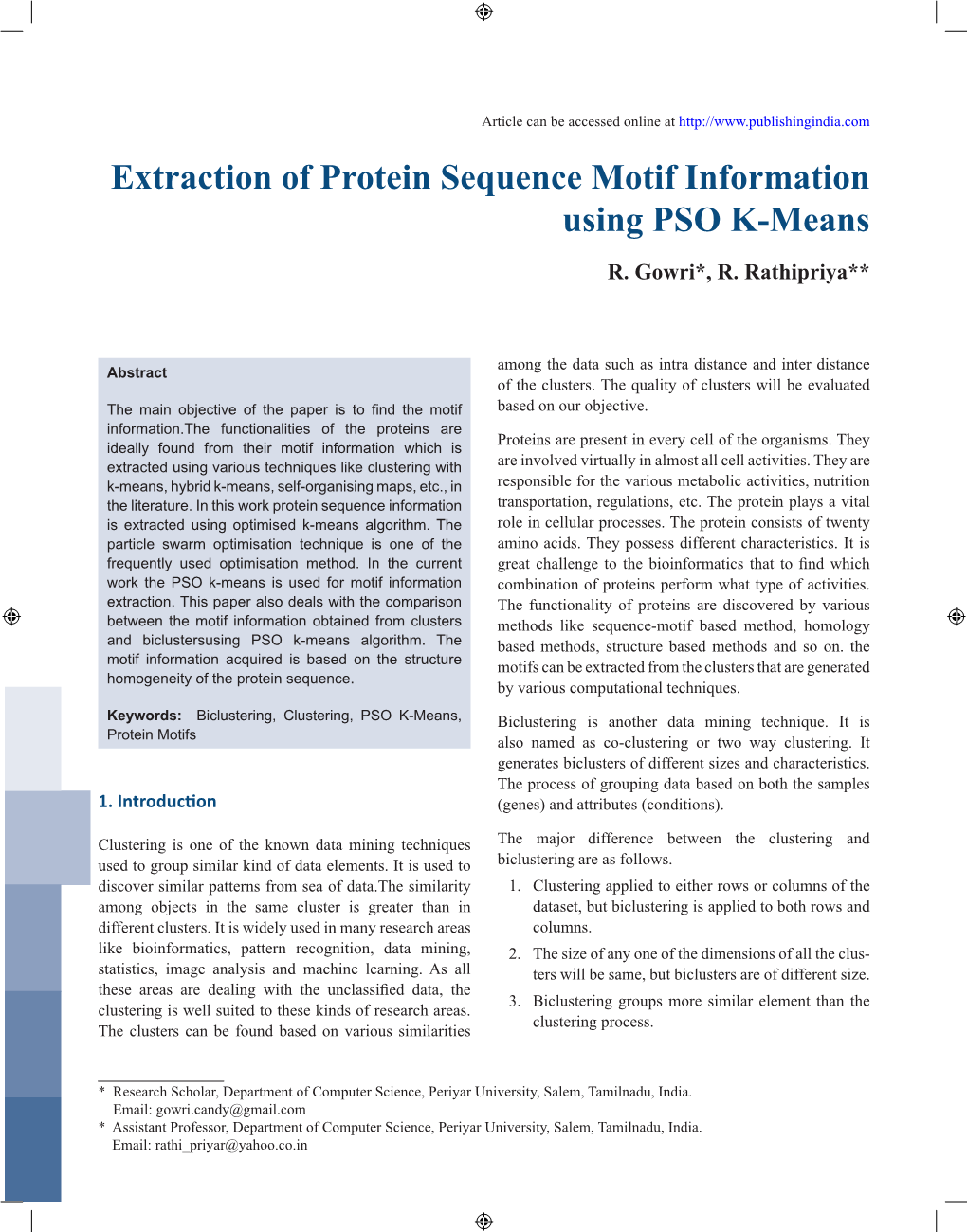 Extraction of Protein Sequence Motif Information Using PSO K-Means R