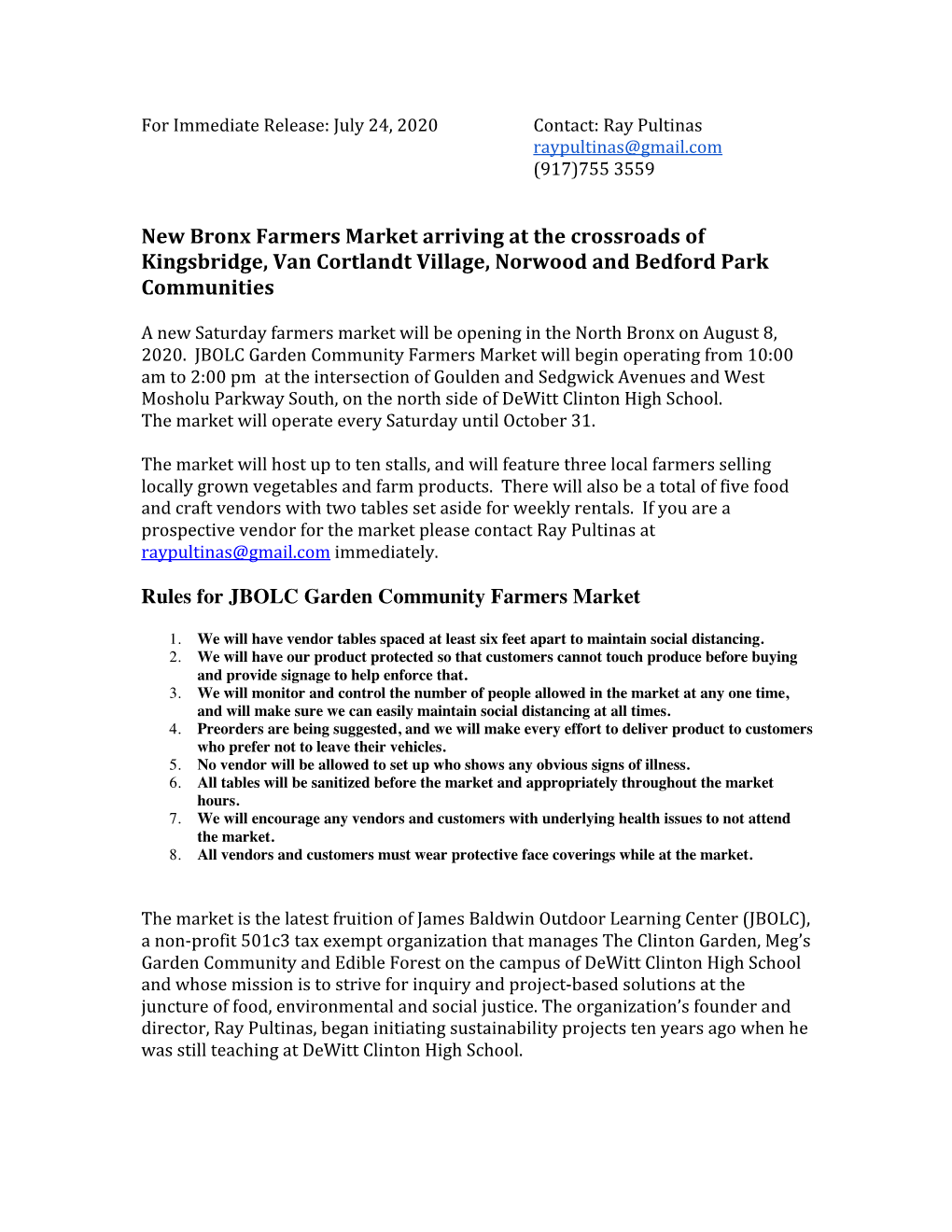 New Bronx Farmers Market Arriving at the Crossroads of Kingsbridge, Van Cortlandt Village, Norwood and Bedford Park Communities