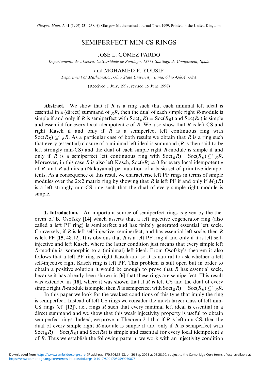 Semiperfect Min-Cs Rings