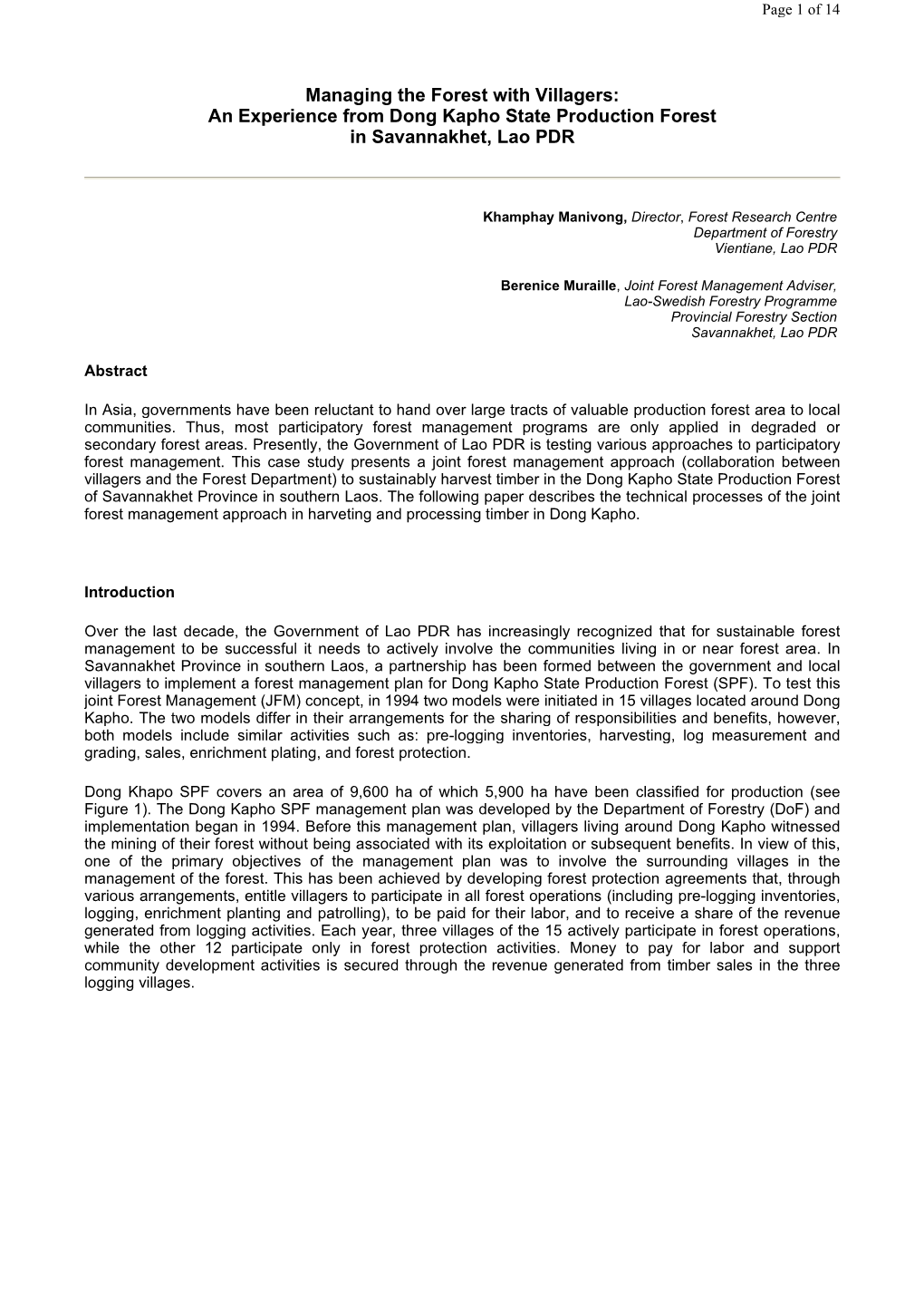 Managing the Forest with Villagers: an Experience from Dong Kapho State Production Forest in Savannakhet, Lao PDR