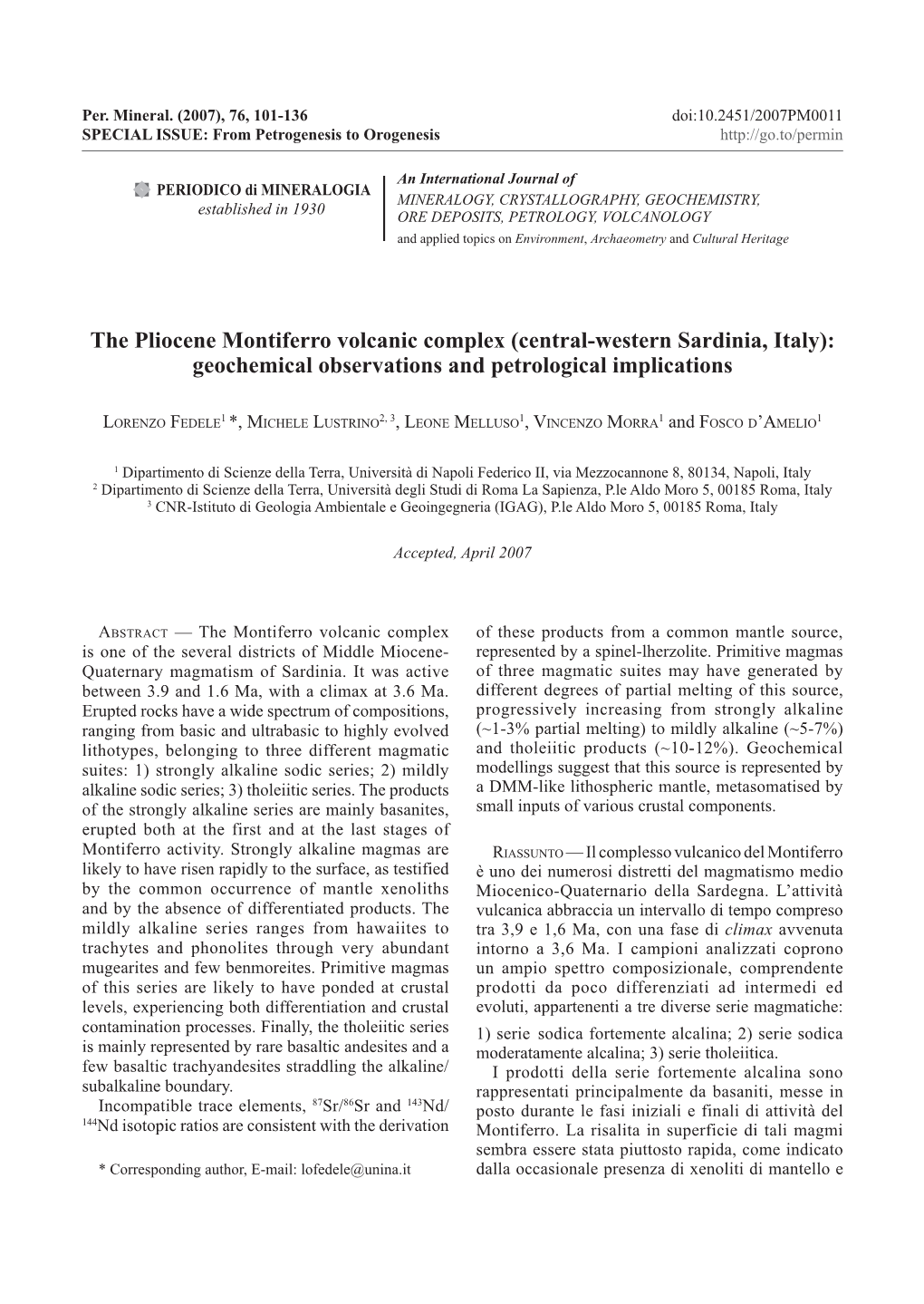 The Pliocene Montiferro Volcanic Complex (Central-Western Sardinia, Italy): Geochemical Observations and Petrological Implications