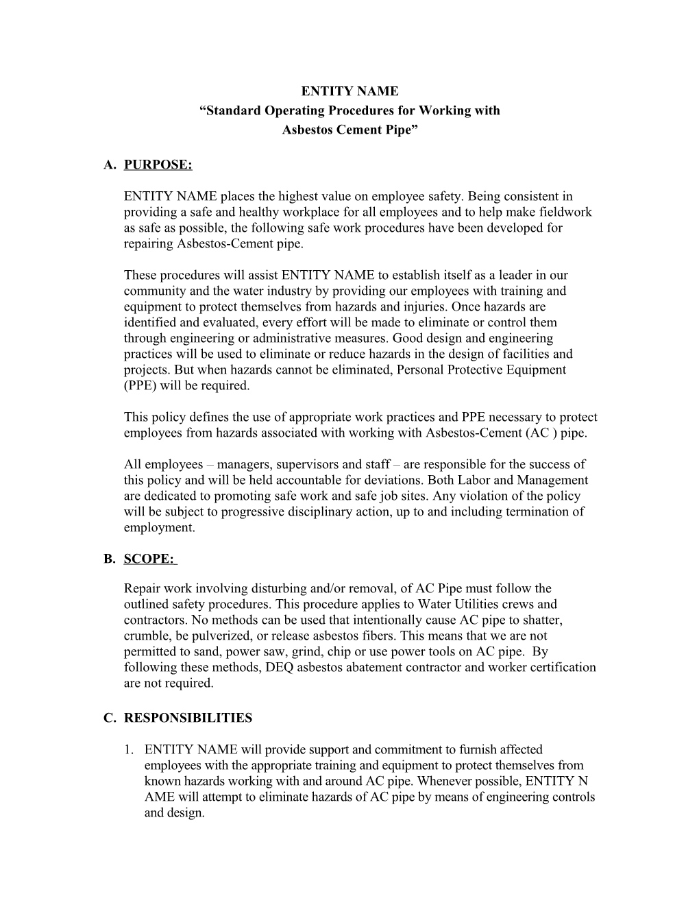 Standard Operating Procedures for Working with Asbestos Cement Pipe