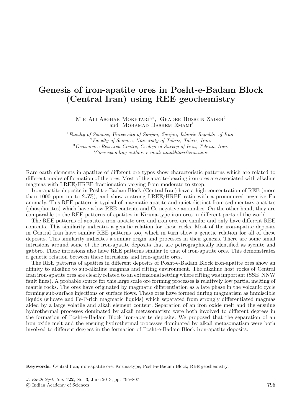 Genesis of Iron-Apatite Ores in Posht-E-Badam Block (Central Iran) Using REE Geochemistry