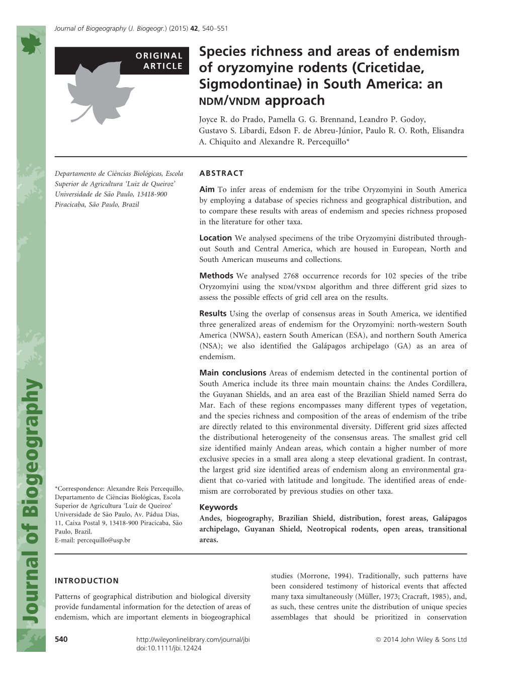 Species Richness and Areas of Endemism of Oryzomyine Rodents