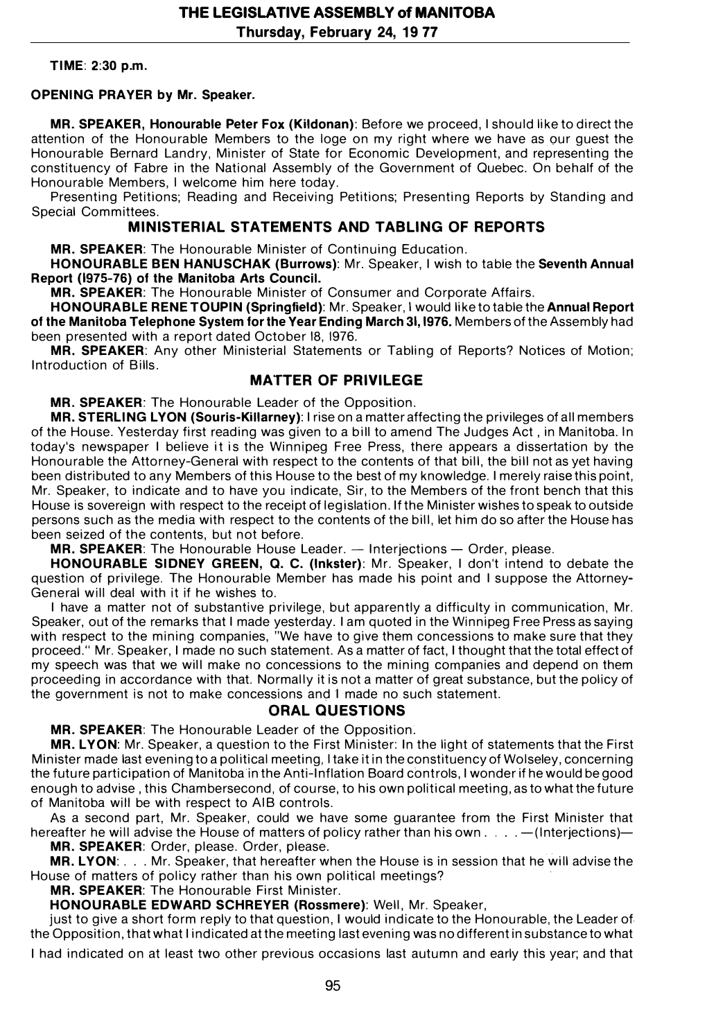 THE LEGISLATIVE ASSEMBLY of MANITOBA Thursday, February 24, 19 77