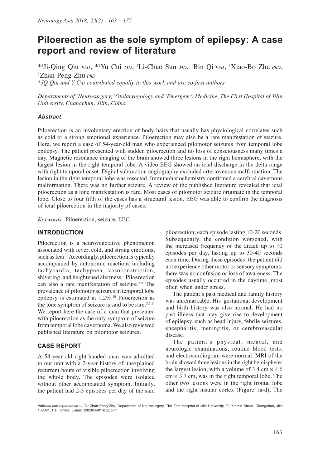 Piloerection As the Sole Symptom of Epilepsy: a Case Report and Review of Literature