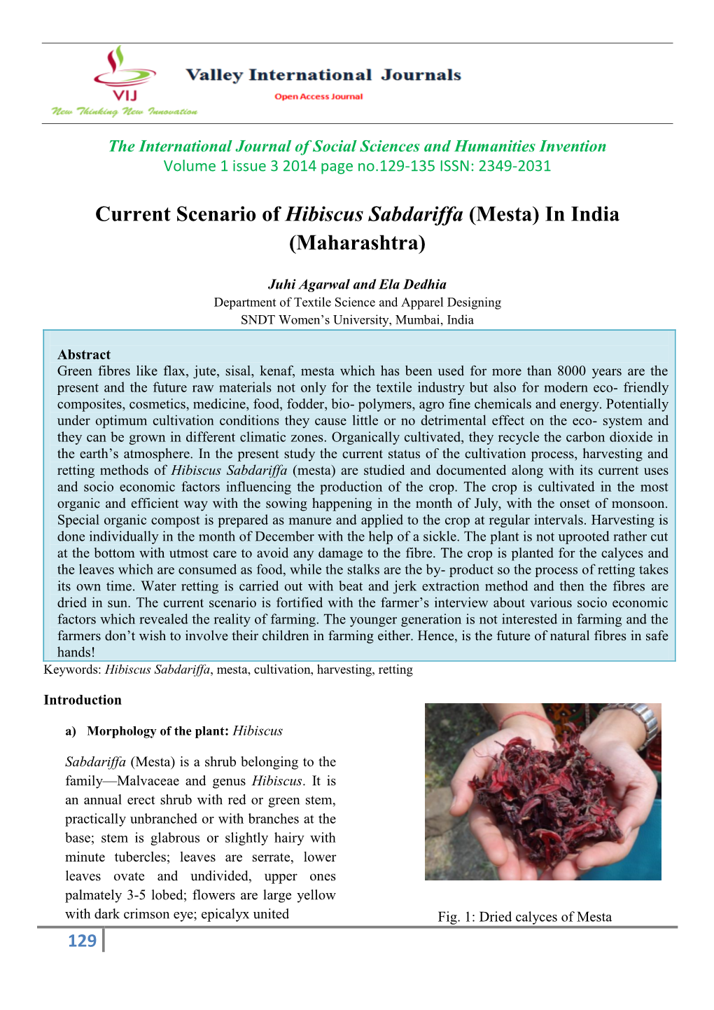 Current Scenario of Hibiscus Sabdariffa (Mesta) in India (Maharashtra)