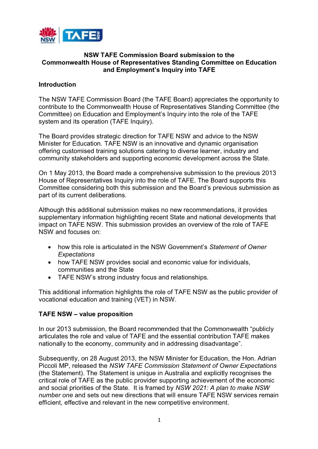 NSW TAFE Commission Board Submission to the Commonwealth House of Representatives Standing Committee on Education and Employment’S Inquiry Into TAFE