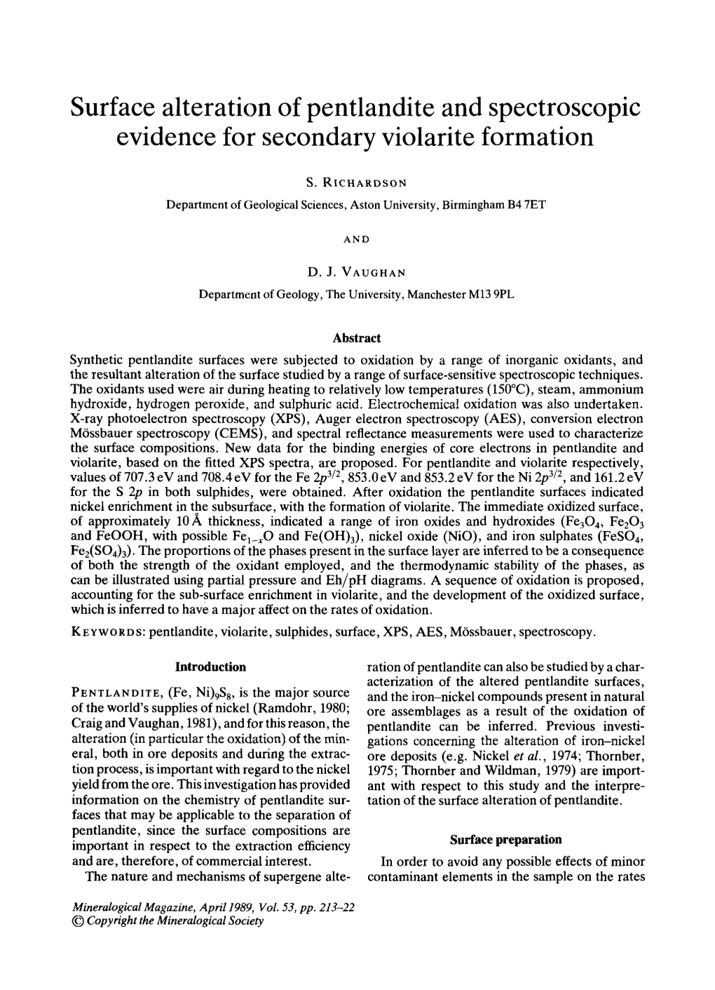 Surface Alteration of Pentlandite and Spectroscopic Evidence for Secondary Violarite Formation