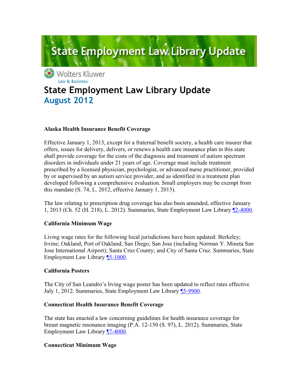 May 2012, State Employment Laws And Regulations, Wages-Hours/Labor Relations In Full Text