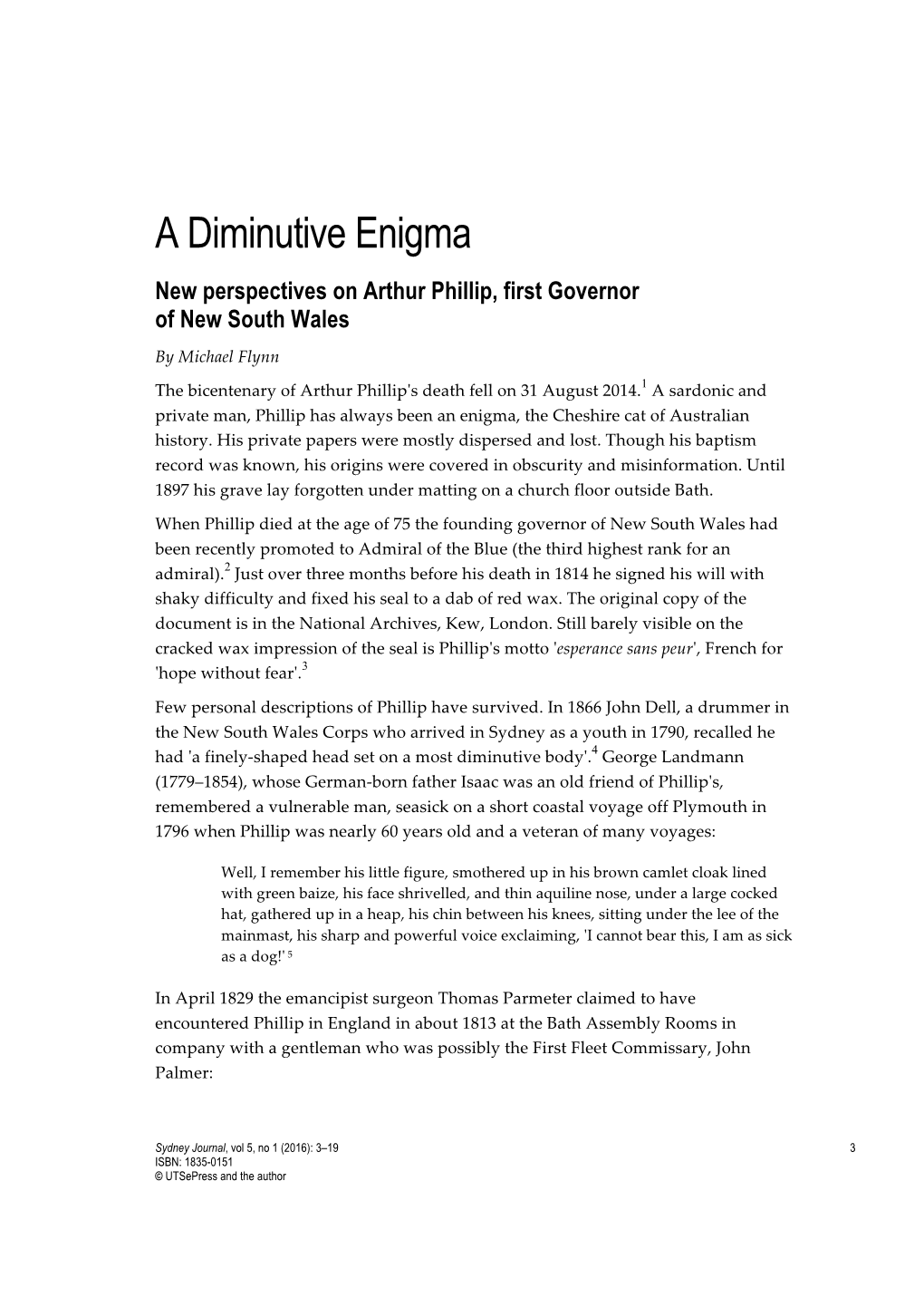 A Diminutive Enigma New Perspectives on Arthur Phillip, First Governor of New South Wales