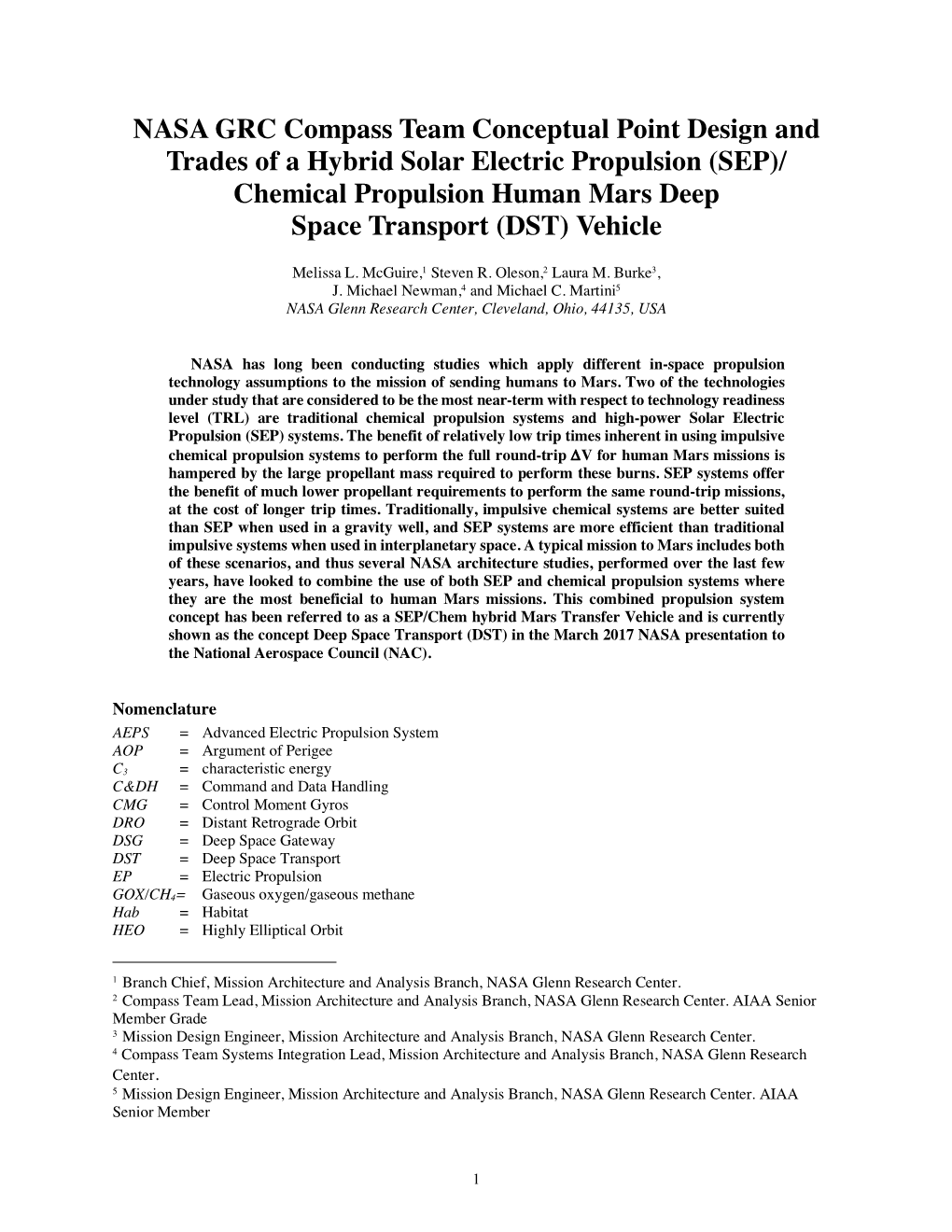 (SEP)/ Chemical Propulsion Human Mars Deep Space Transport (DST) Vehicle