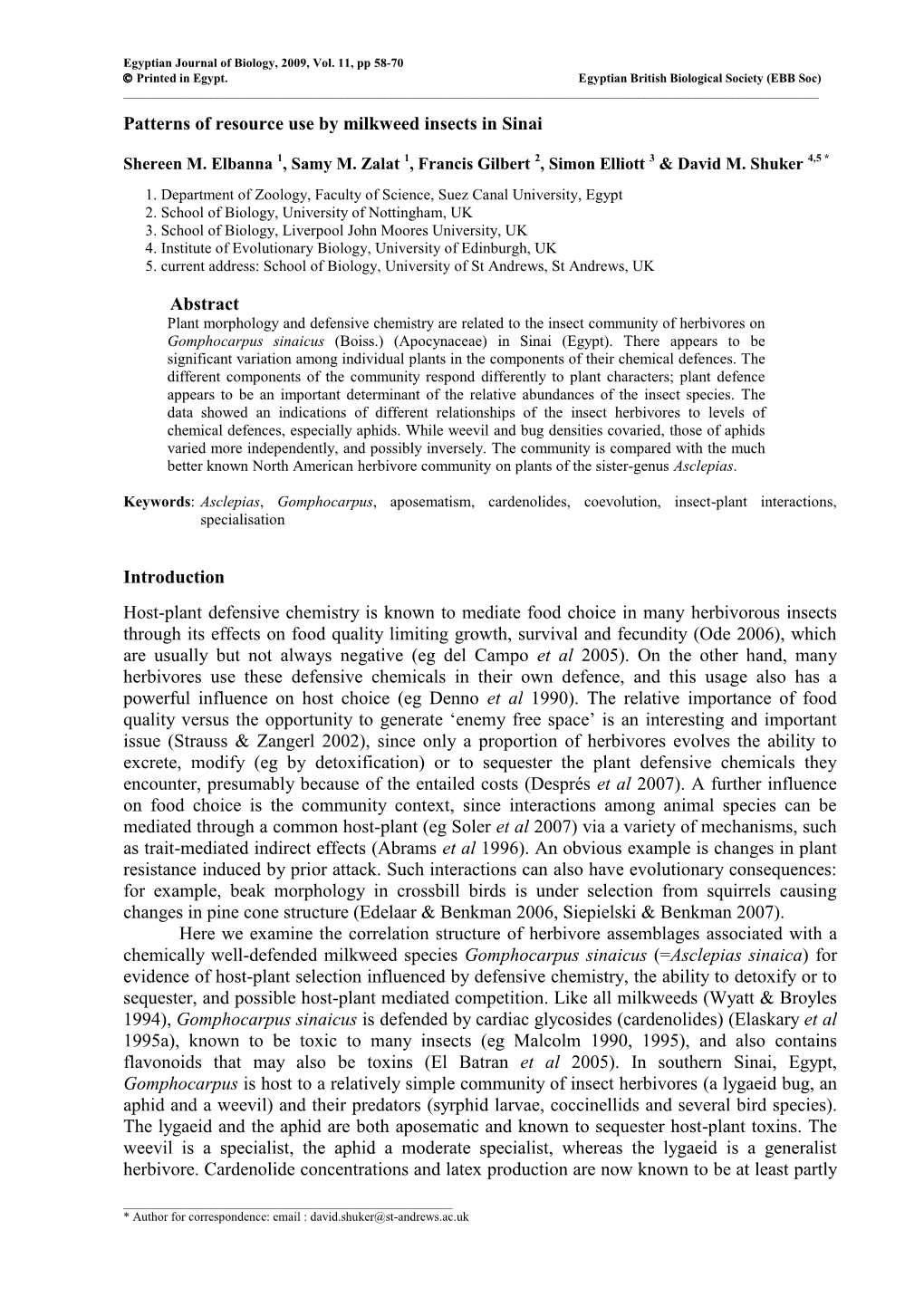 Patterns of Resource Use by Milkweed Insects in Sinai Abstract