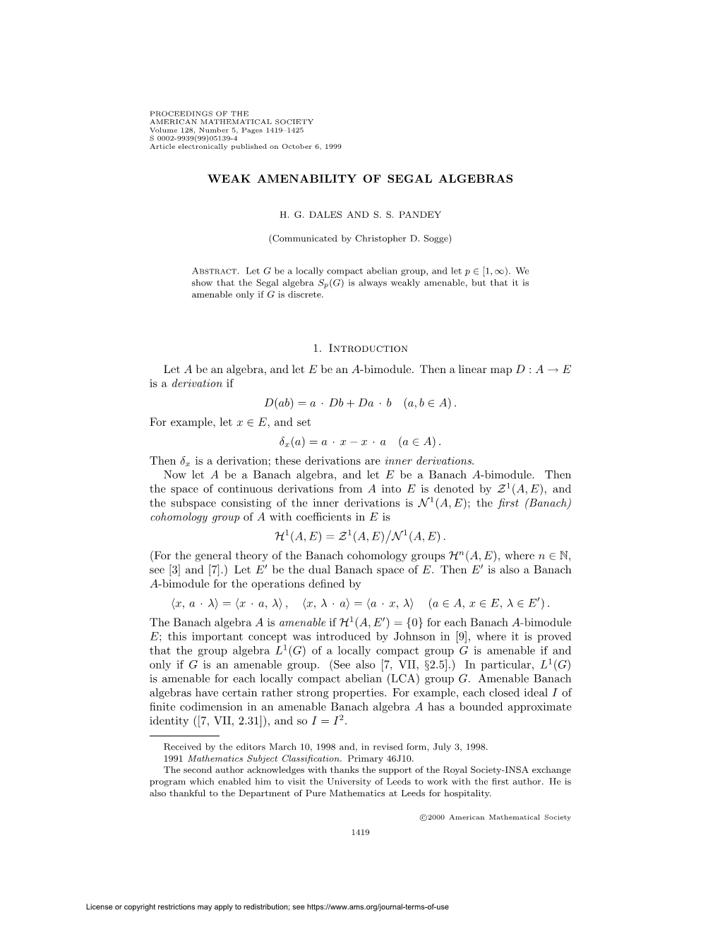 WEAK AMENABILITY of SEGAL ALGEBRAS 1. Introduction Let a Be