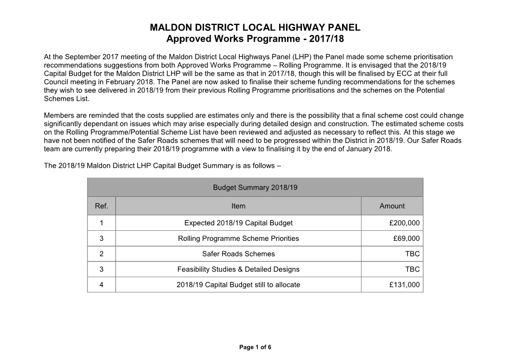 MALDON DISTRICT LOCAL HIGHWAY PANEL Approved Works Programme - 2017/18