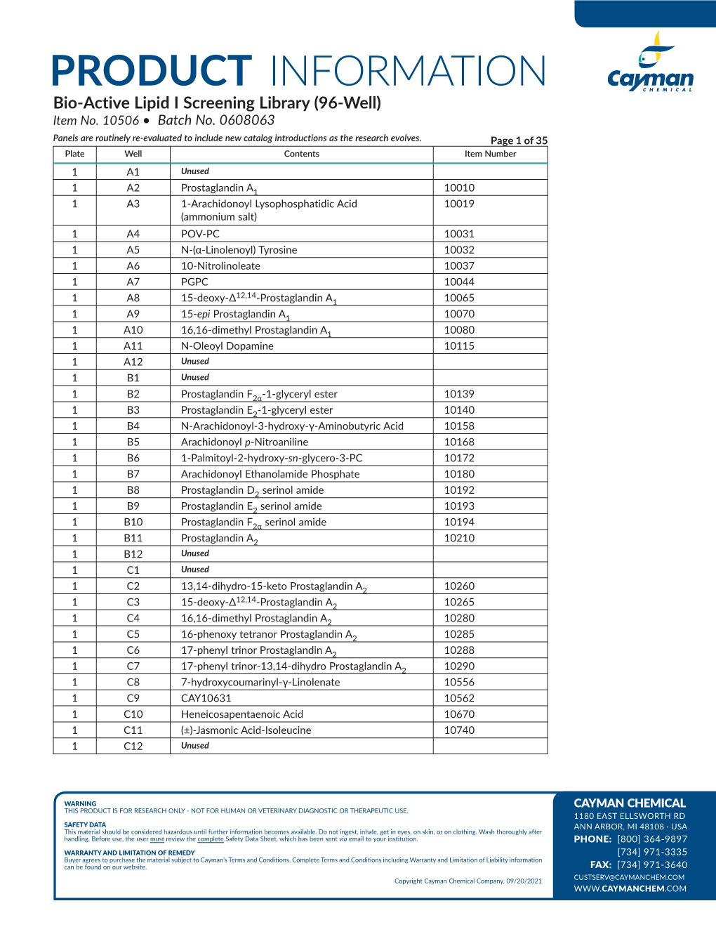 PRODUCT INFORMATION Bio-Active Lipid I Screening Library (96-Well) Item No