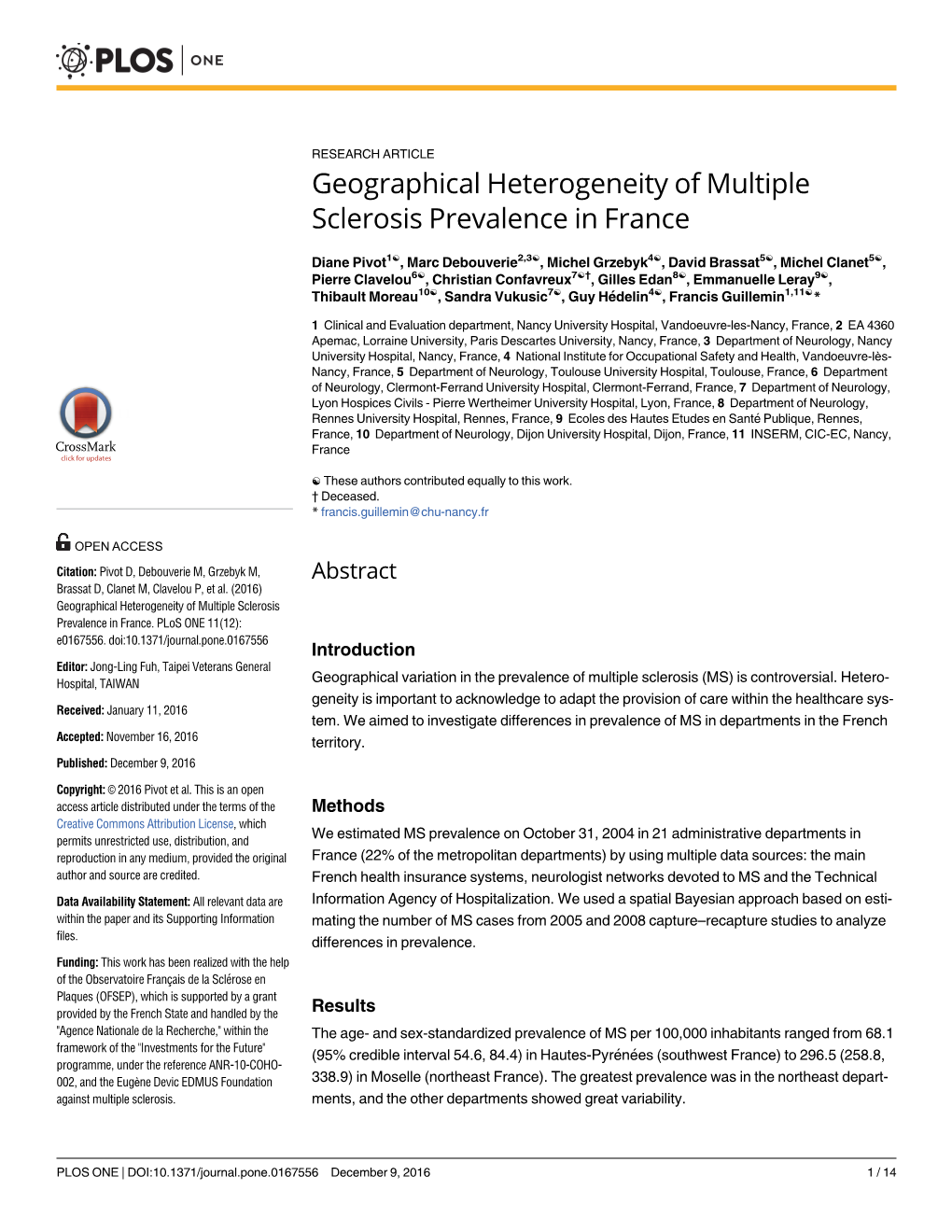 Geographical Heterogeneity of Multiple Sclerosis Prevalence in France