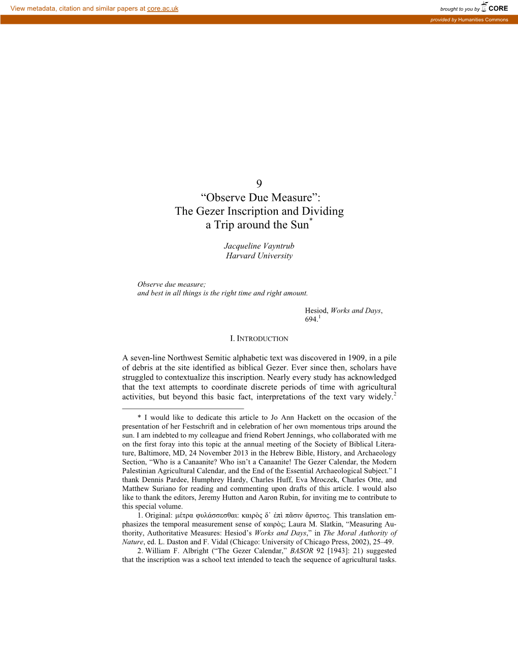 9 “Observe Due Measure”: the Gezer Inscription and Dividing a Trip Around the Sun*