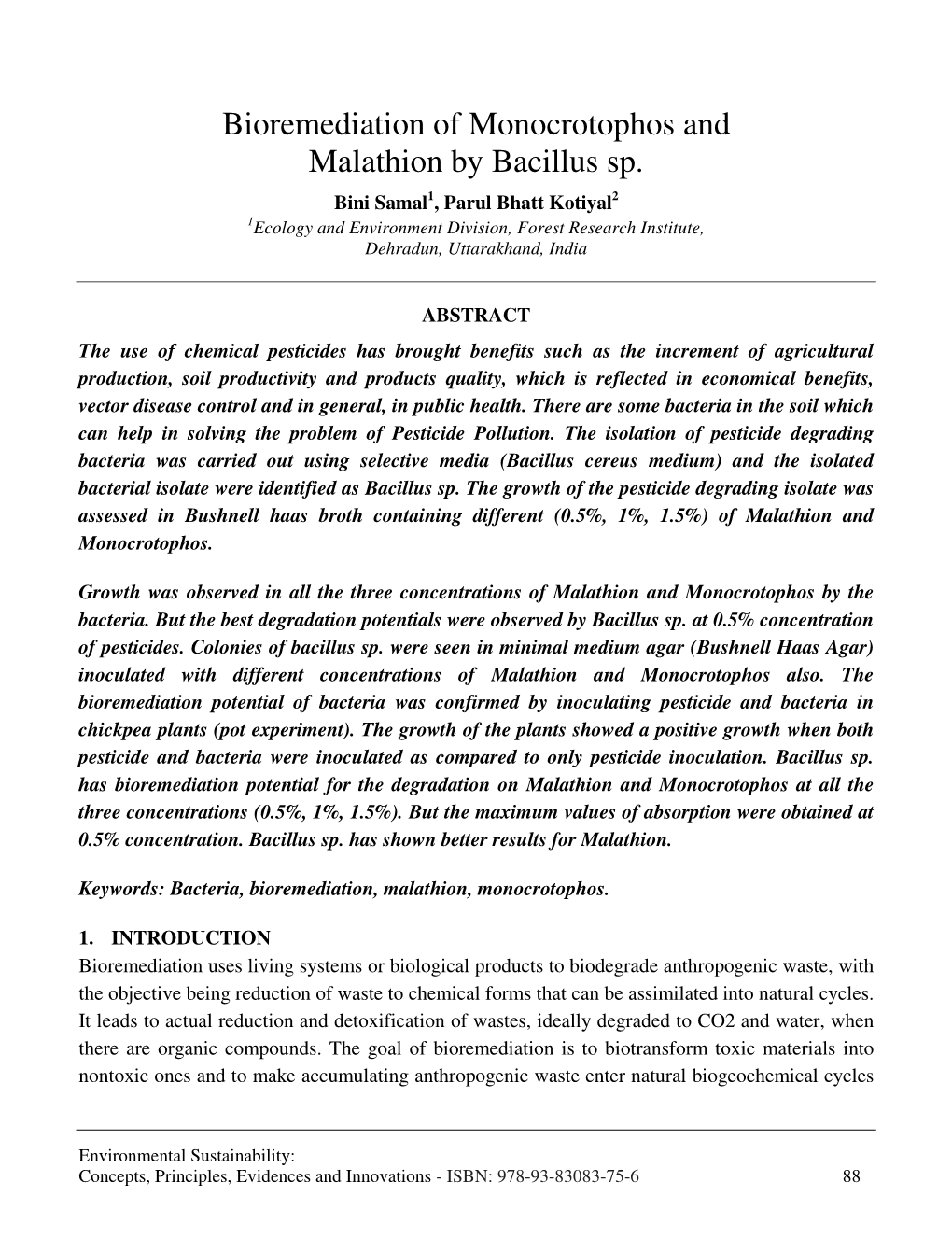 Bioremediation of Monocrotophos and Malathion by Bacillus Sp