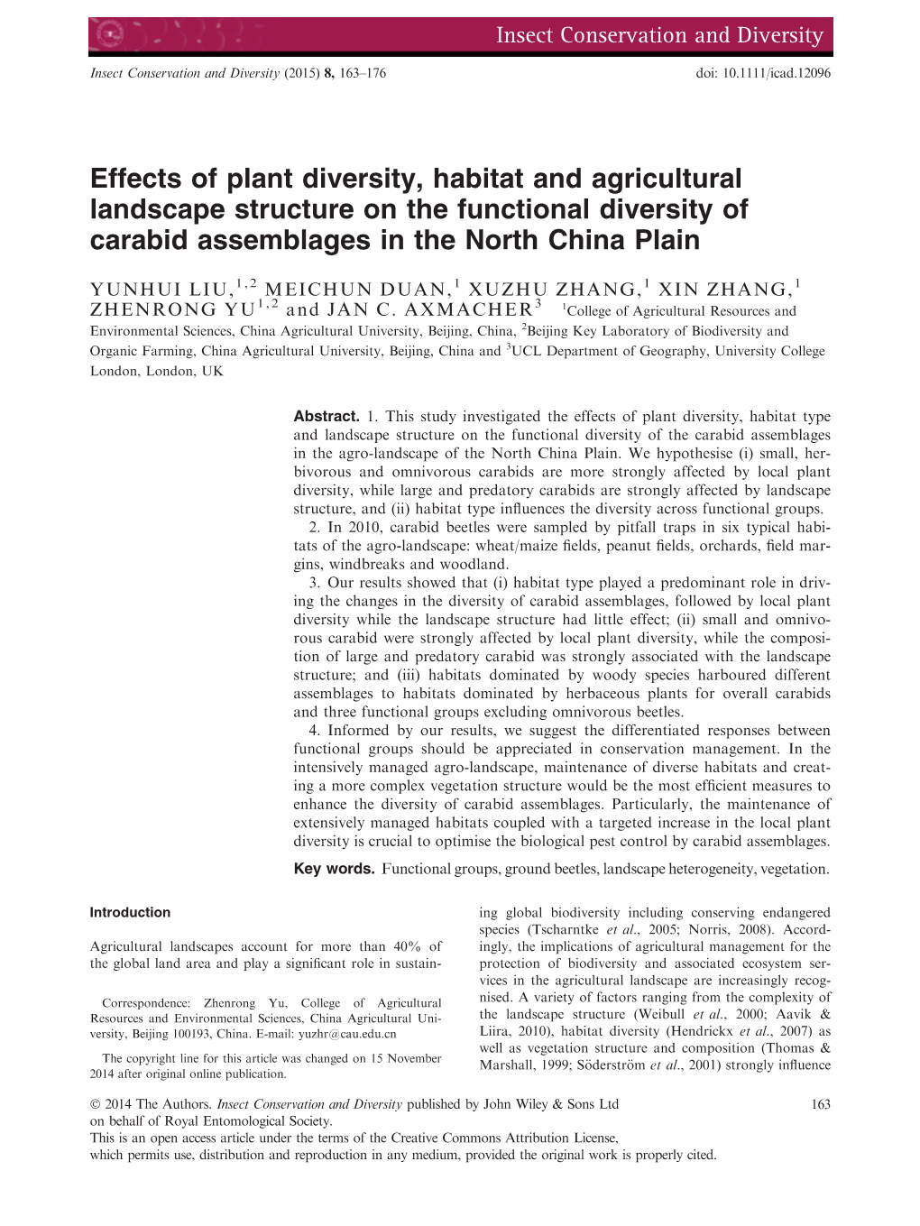 Effects of Plant Diversity, Habitat and Agricultural Landscape Structure on the Functional Diversity of Carabid Assemblages in the North China Plain