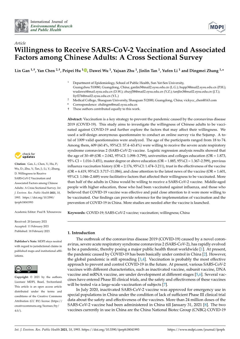 Willingness to Receive SARS-Cov-2 Vaccination and Associated Factors Among Chinese Adults: a Cross Sectional Survey