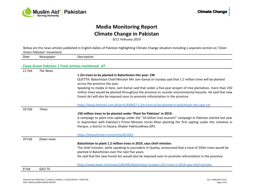 Media Monitoring Report Climate Change in Pakistan 9/11 February 2019