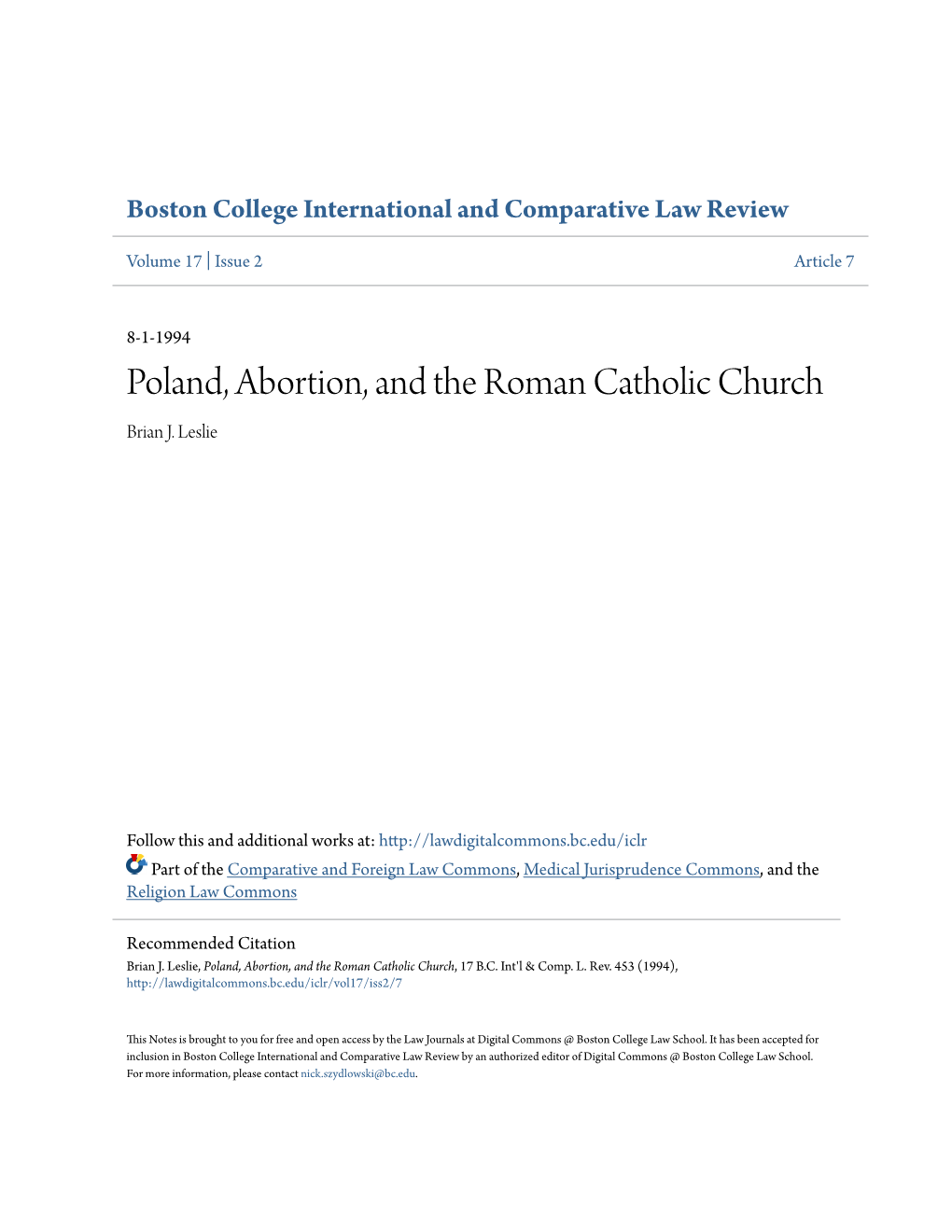 Poland, Abortion, and the Roman Catholic Church Brian J