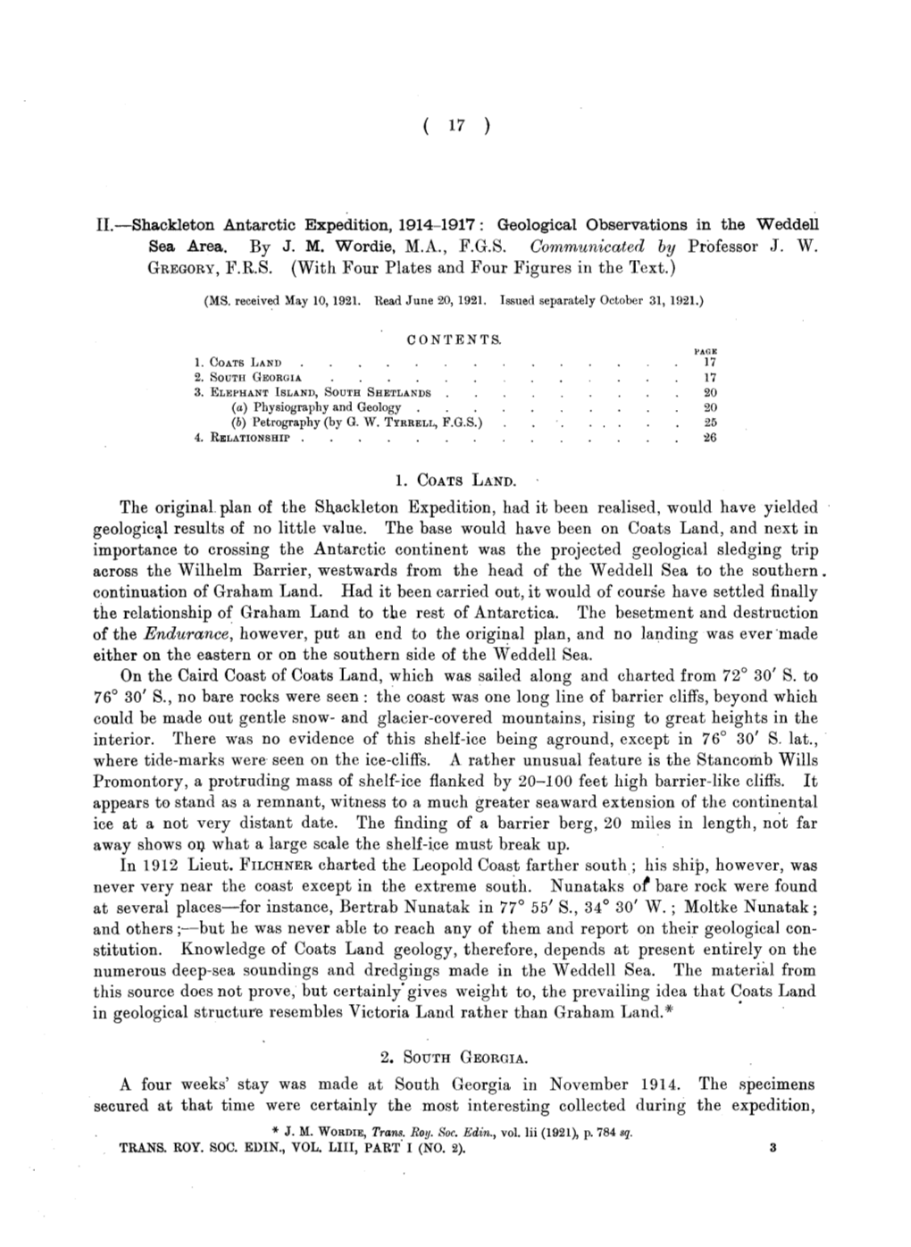 Shackleton Antarctic Expedition, 1914-1917: Geological Observations in the Weddell Sea Area