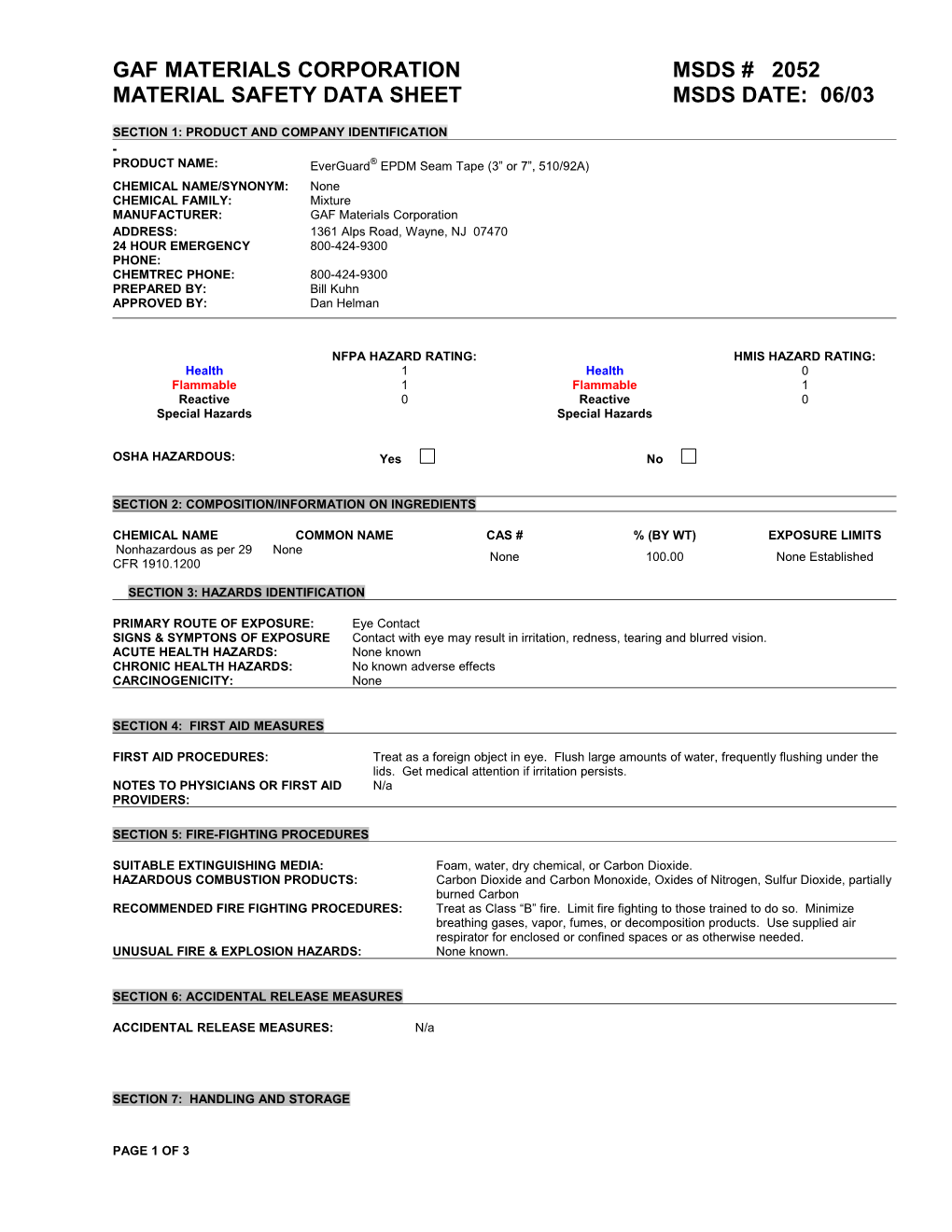 Material Safety Data Sheet Page 1 Of X