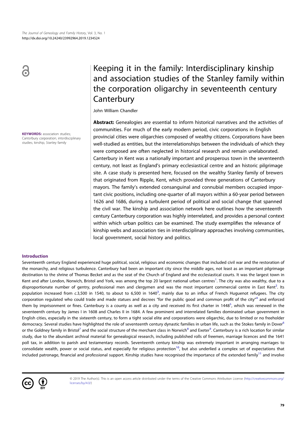 Interdisciplinary Kinship and Association Studies of the Stanley Family Within the Corporation Oligarchy in Seventeenth Century Canterbury