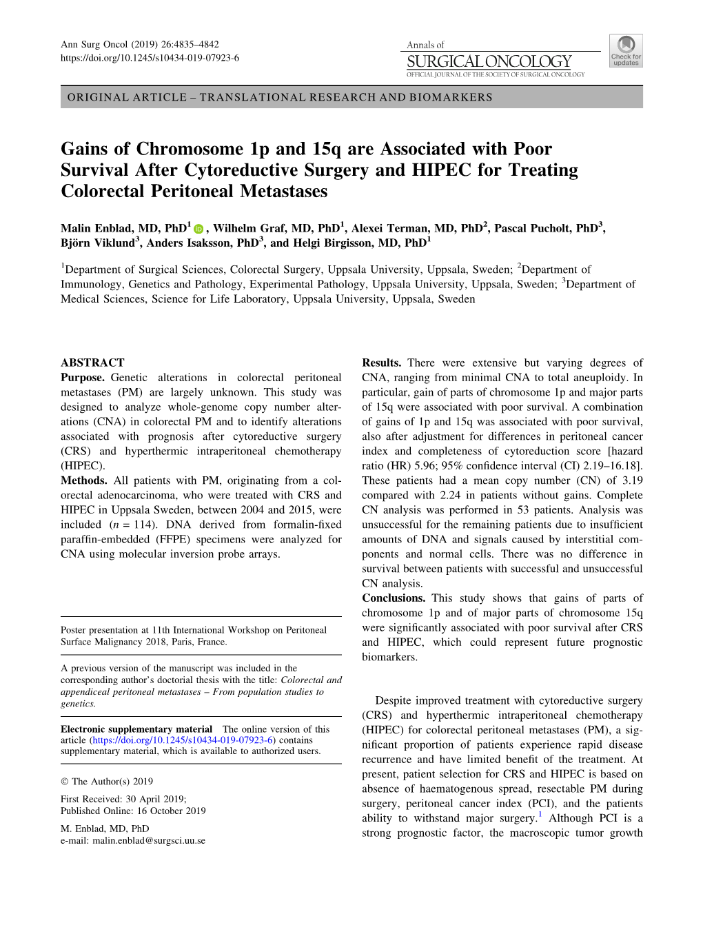 Gains of Chromosome 1P and 15Q Are Associated with Poor Survival After Cytoreductive Surgery and HIPEC for Treating Colorectal Peritoneal Metastases